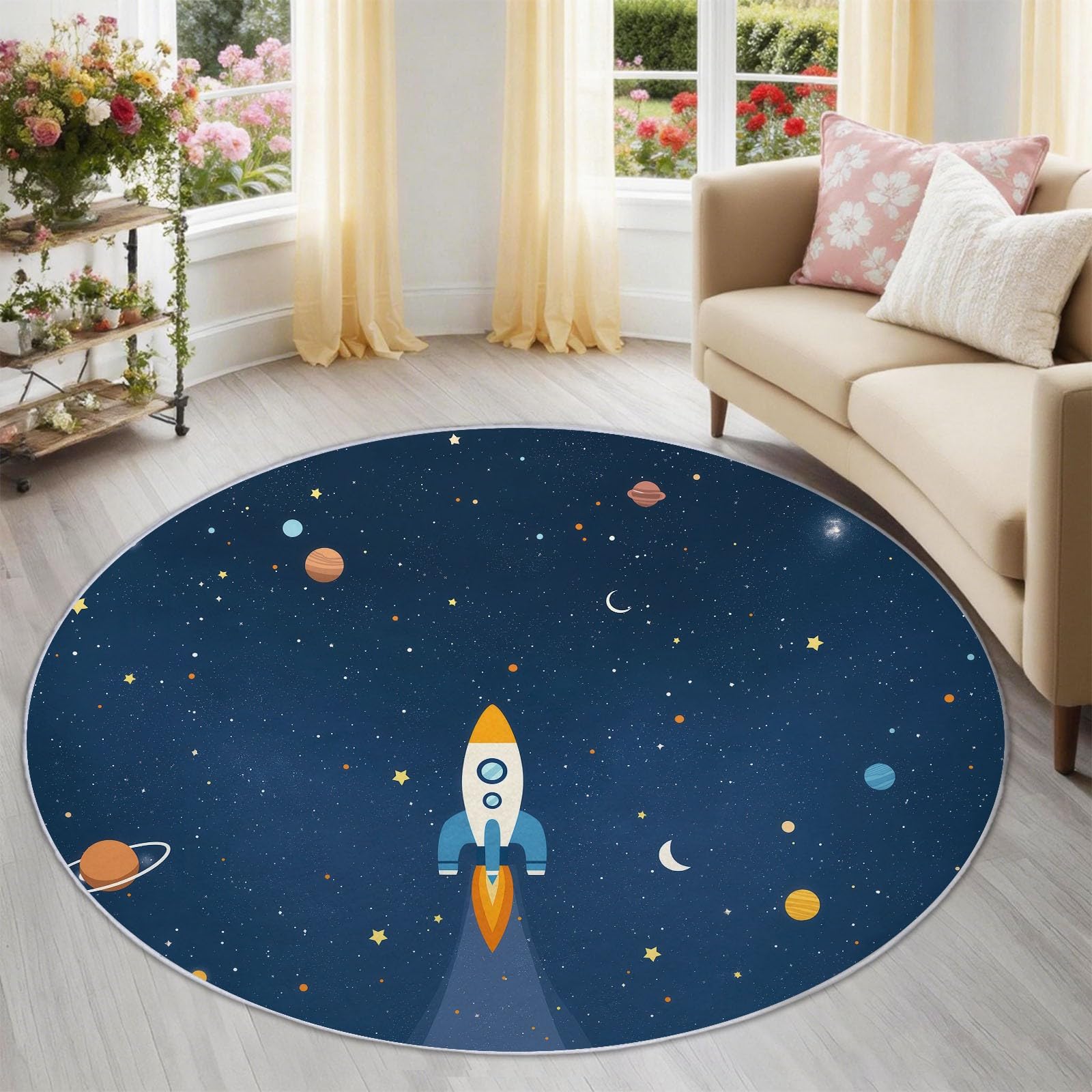 200 cm Tapis de Salon Rond à Poils Courts, Espace Cartoon Tapis de Sol Décoratif Doux et Confortable, Bleu Blanc Fusée Planètes Lune Lavable et Antidérapant pour Salon Chambre Chambre d'enfant