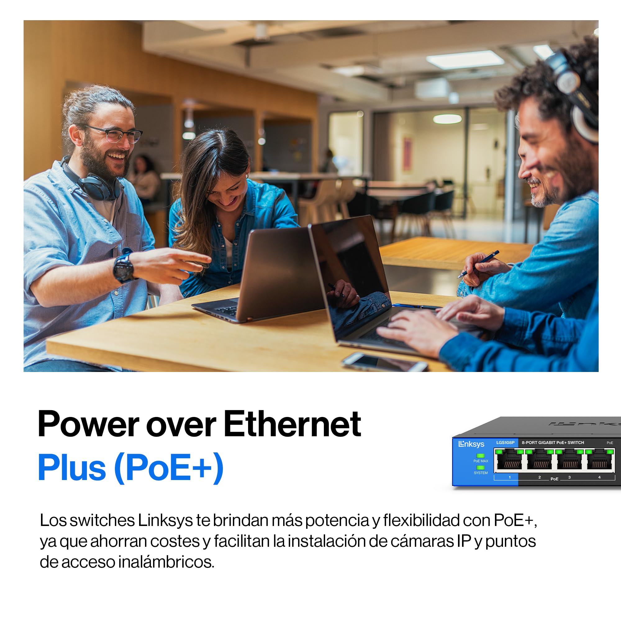 Linksys LGS108P-EU switch de red Gigabit no administrado de 8 puertos con 4 puertos PoE+, hasta 1000 Mbps para empresas y particulares, vigilancia IP, conmutador Ethernet de sobremesa — view 5