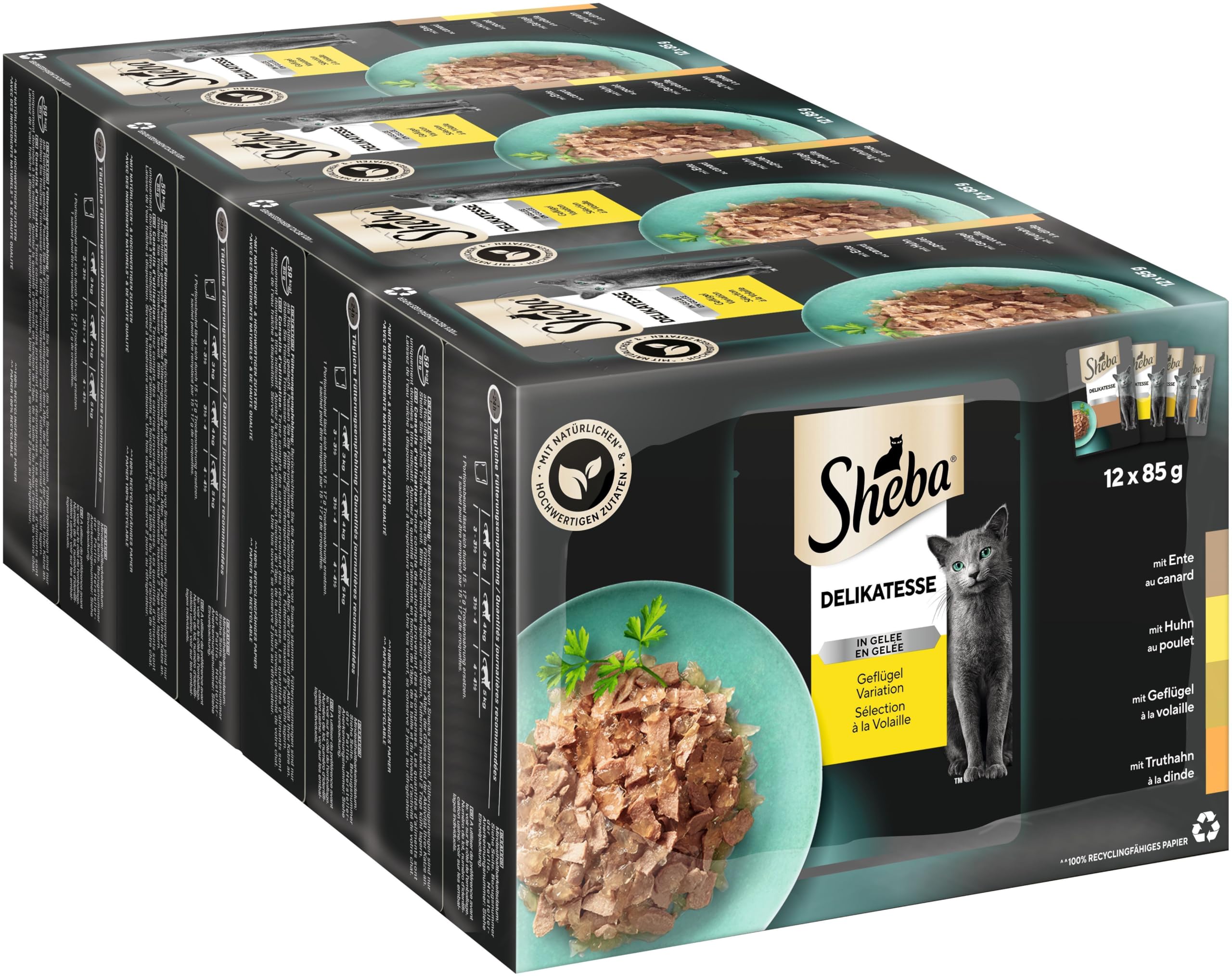 SHEBA Katzenfutter nass - Geflügel_variation in Gelee - Top-Nährwertportionen für aktive Katzen - 48x85g Portionsbeutel 