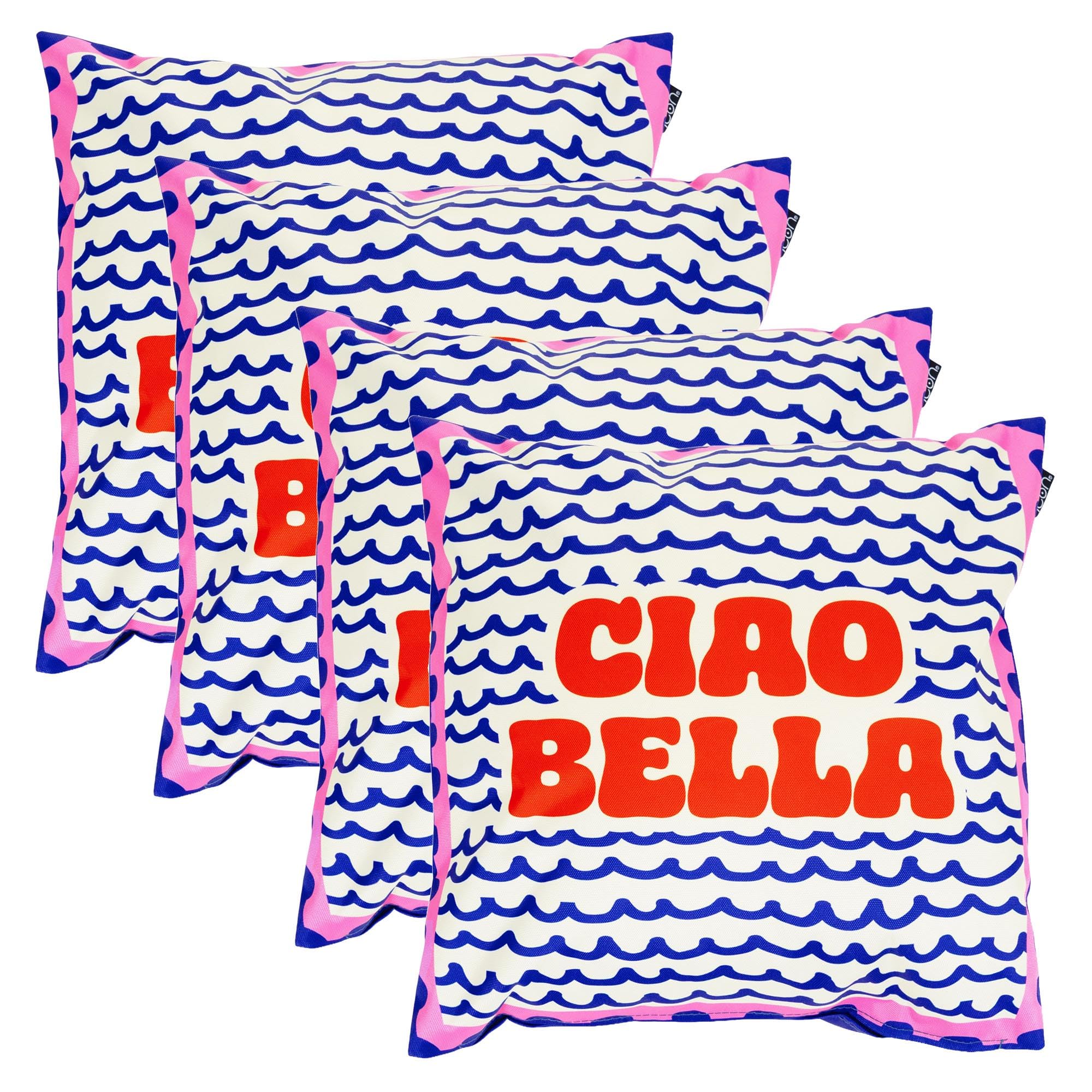 icon Indoor Outdoor Cushions Filled, Italian Collection, Ciao Bella Print, Set of 4, 43cm x 43cm, Water Resistant, Blue Outdoor Cushions for Garden Furniture, Lounge, Garden, Patio