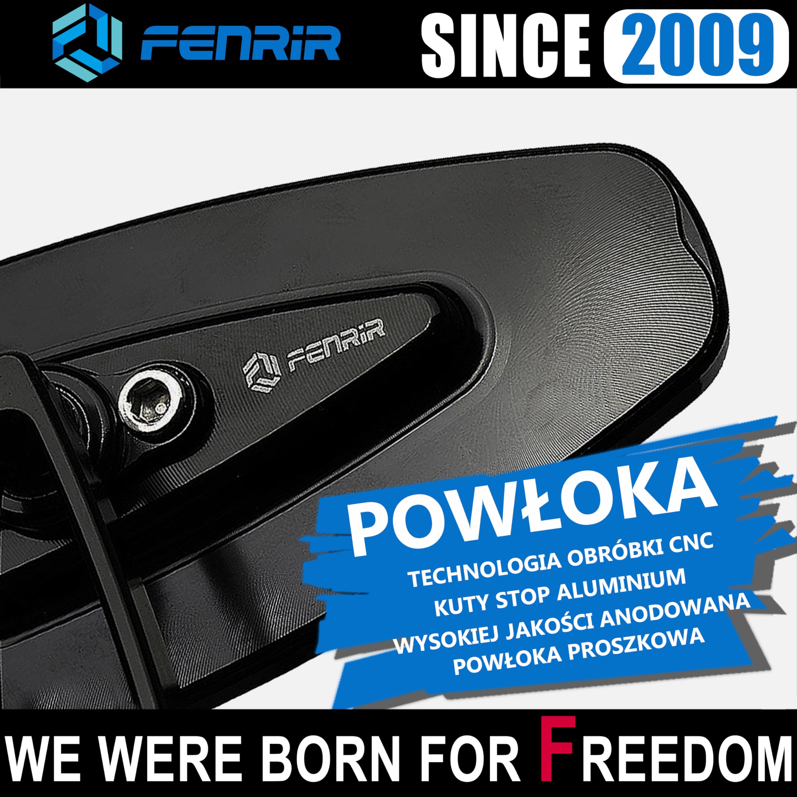 FENRIR (Nie Emark) Lusterka Kierownicy Motocykla Kierownicę Lusterko Boczne motocyklowe Czarne CNC Kute ze stopu aluminium Antyodblaskowe Konstrukcja redukująca wibracje Zakrzywione soczewki 801-0374