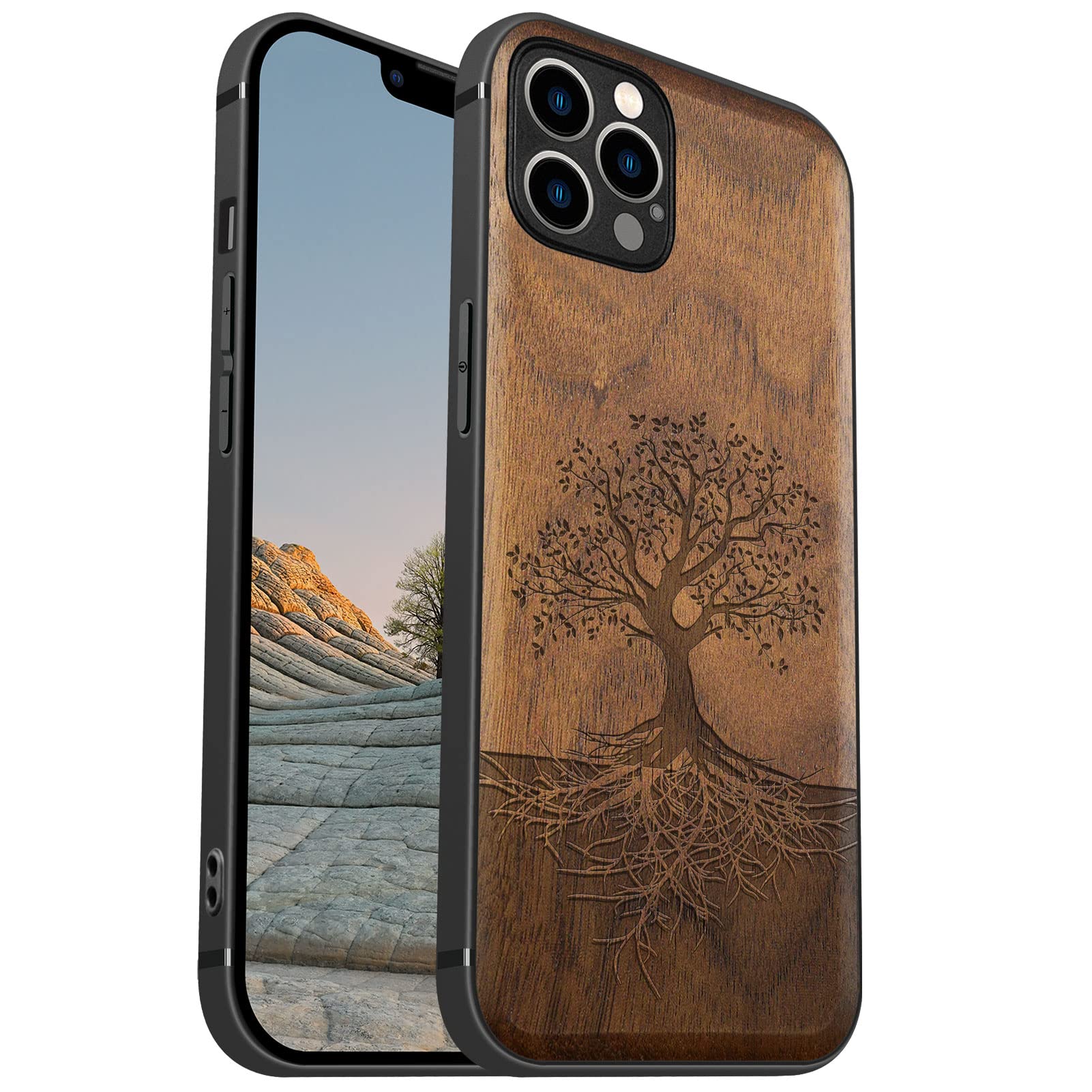 Carveit Magnetic Wood Case for iPhone 12 Pro Max Case [Hard Real Wood & Black Soft TPU] Shockproof Protective Unique & Classy Wooden Cover Compatible