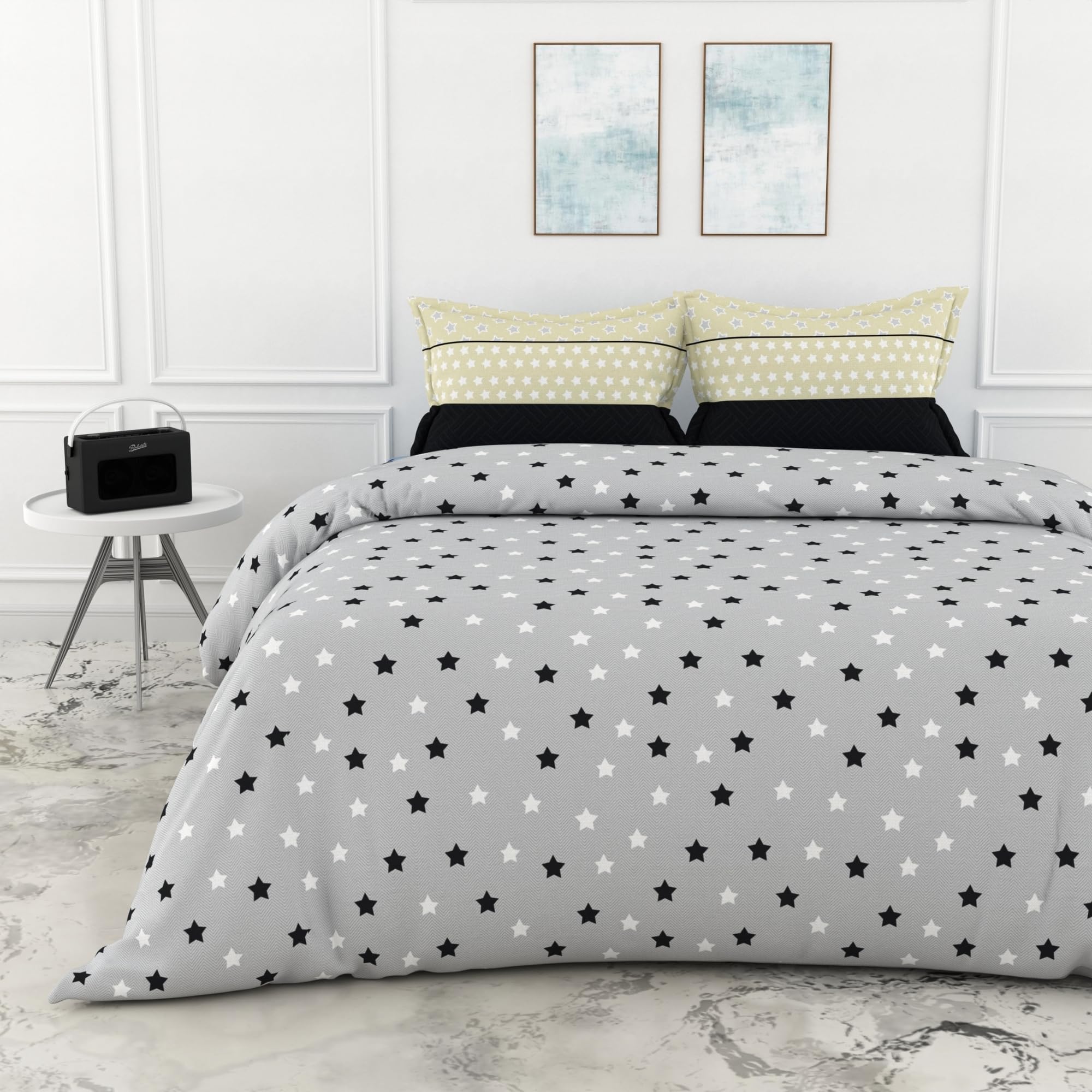 LORETO - A QUALITY LINEN BRAND 100% Cotton Bedsheet for Single Bed, 1 Single Bedsheet with 1 Pillow Cover | 144 TC Single Bedsheet Cotton, Grey Midnight Stars