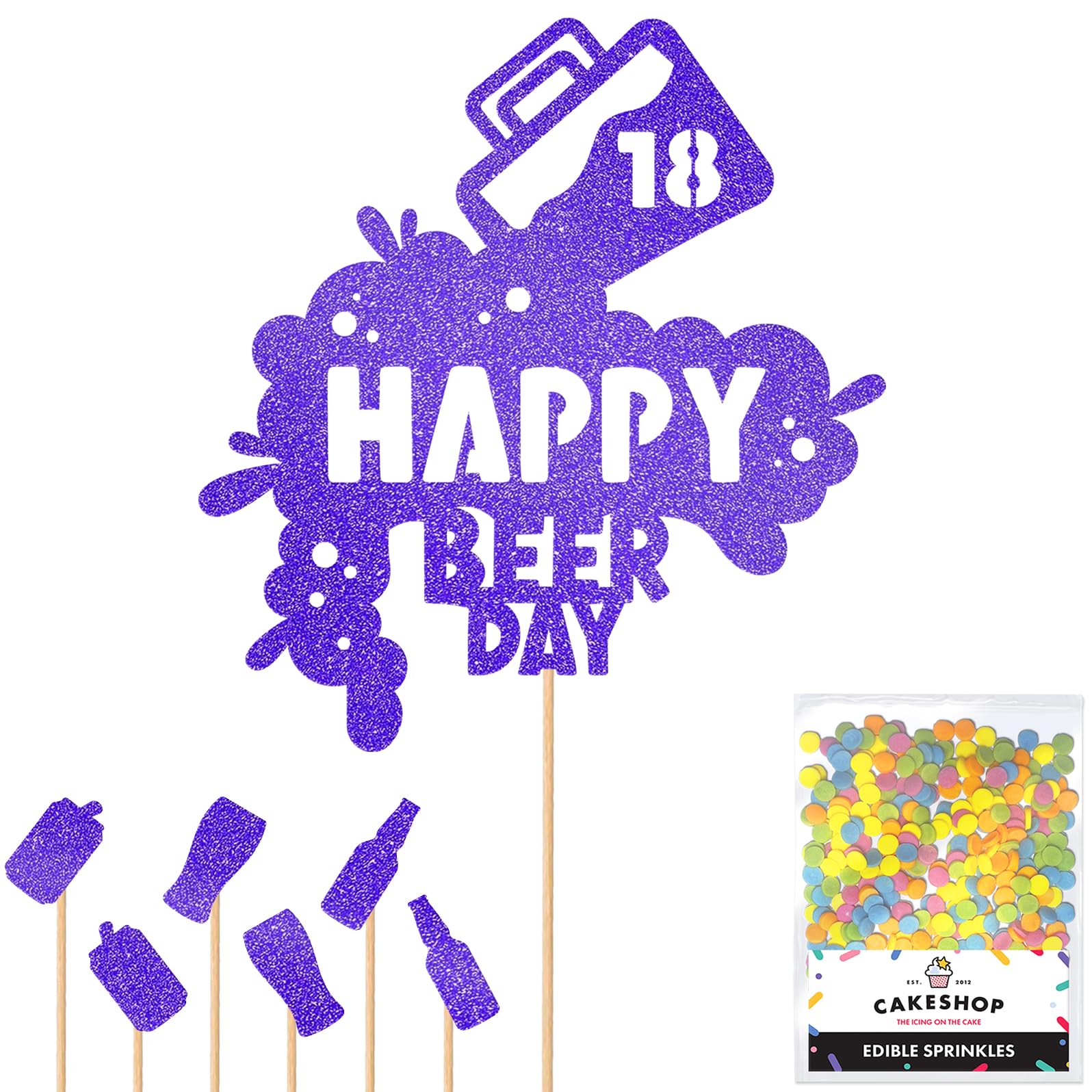 Personalised Happy Beer Day Glitter Cake Topper - Bright Blue Custom Age Glitter Cake Decoration and Sprinkles - Happy Birthday Decorations - Personalised Toppers for Cakes by Cakeshop โ image 1