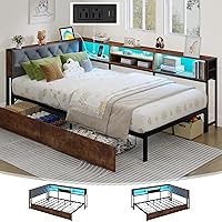 Doltoro Twin Corner Bed Frame with Storage Bookcase, LED Lights & Charging Station - Upholstered Daybed, 2 Drawers, Rustic Brown/Gray
