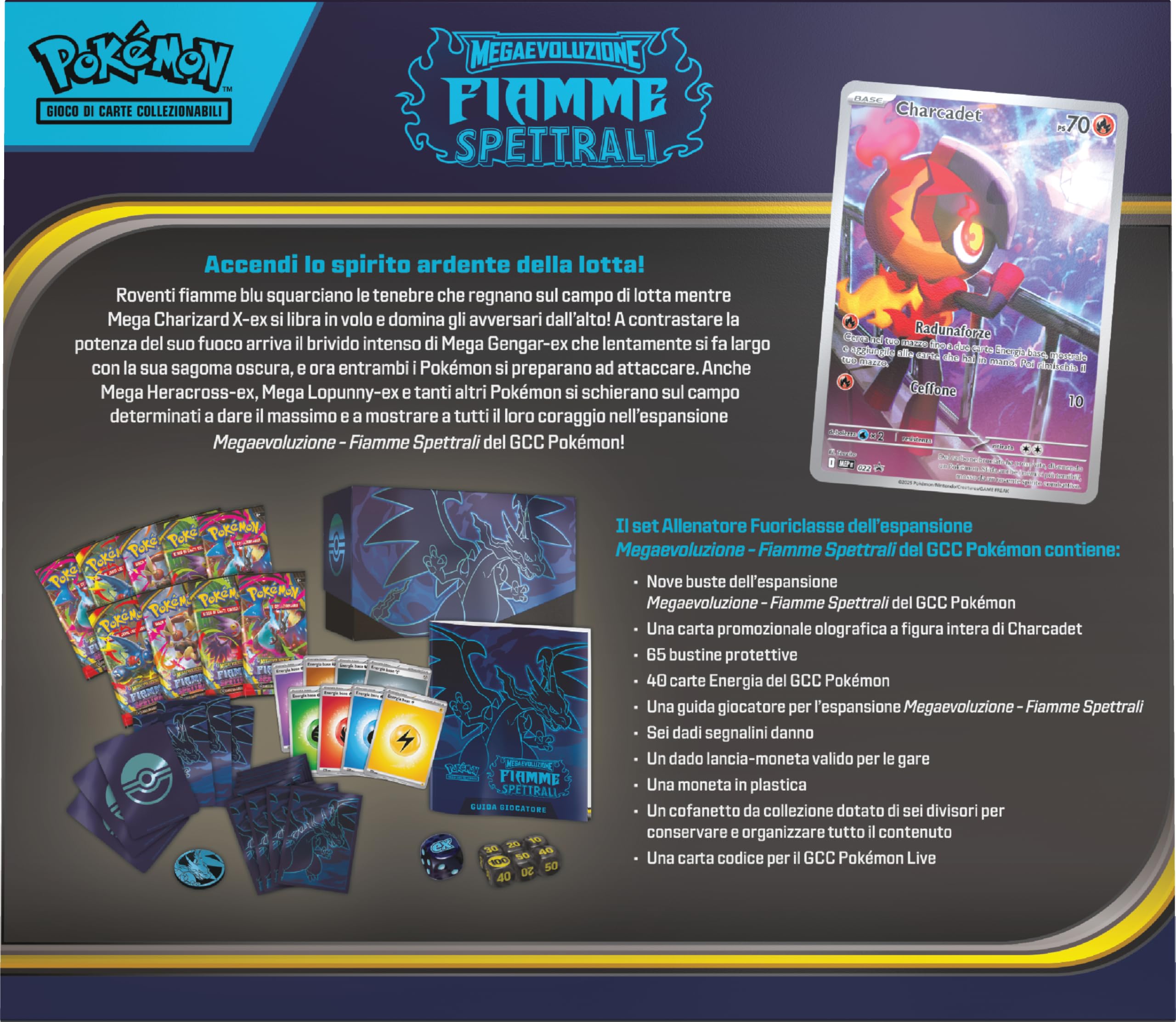 Pokémon GCC: Set Allenatore Fuoriclasse Fiamme Spettrali Megaevoluzione - Carta Promozionale, 9 Buste Espansione, Accessori Premium