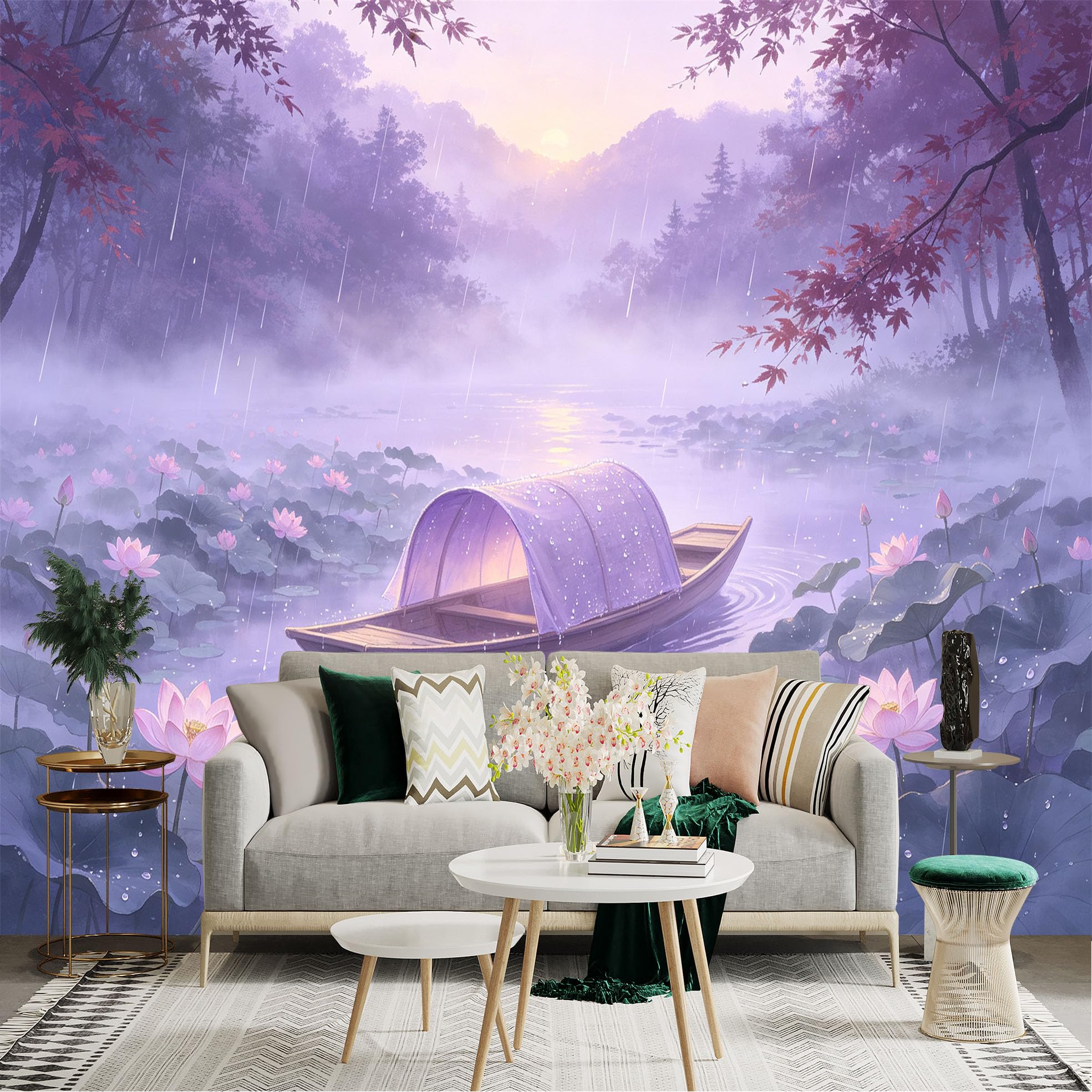 Custom Size Wall Sticker Mural， Serene Misty Lake with Lotus Flowers， Traditional Wooden Boat in Rain， Dreamy Purple Landscape， for wall Decoration， peelandstick wall Decals.