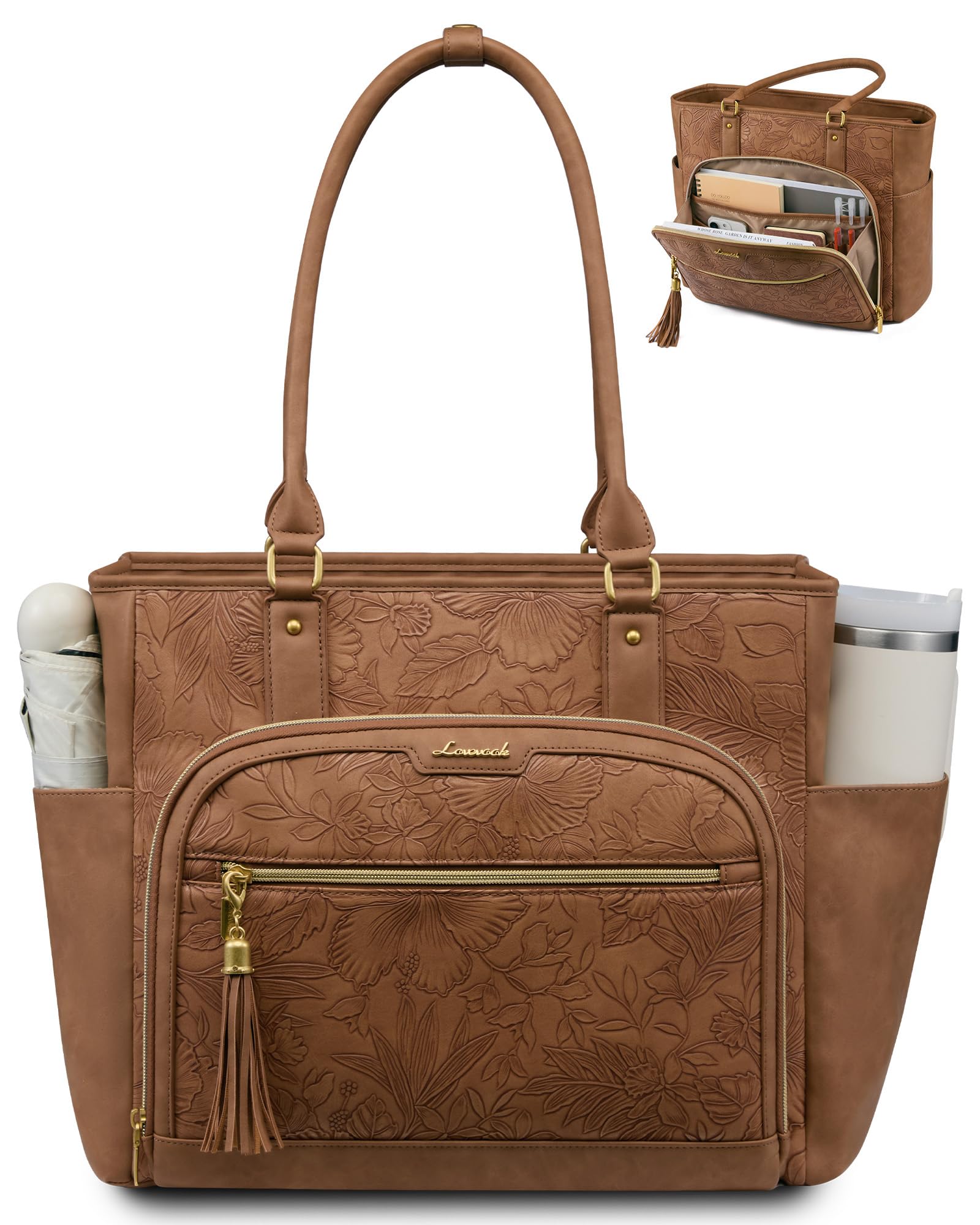 LOVEVOOK Laptop Tote Bag for Women Work, Vintage Leather Teacher Nurse Bag with Large Cup Holder, Bible Handbag Purse GIfs, Waterproof Professional Computer Briefcase for Business Office, 15.6 Inch — view 9