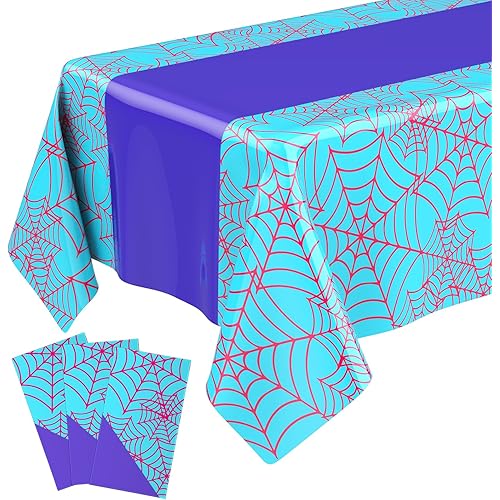 Oudain 3 Pcs 54 x 108 Inch Ghost Spider Birthday Party Tablecloth Purple Plastic Disposable Table Cover Large Purple and Blue Rectangular Tablecloth for Birthday Party Decorations Supplies