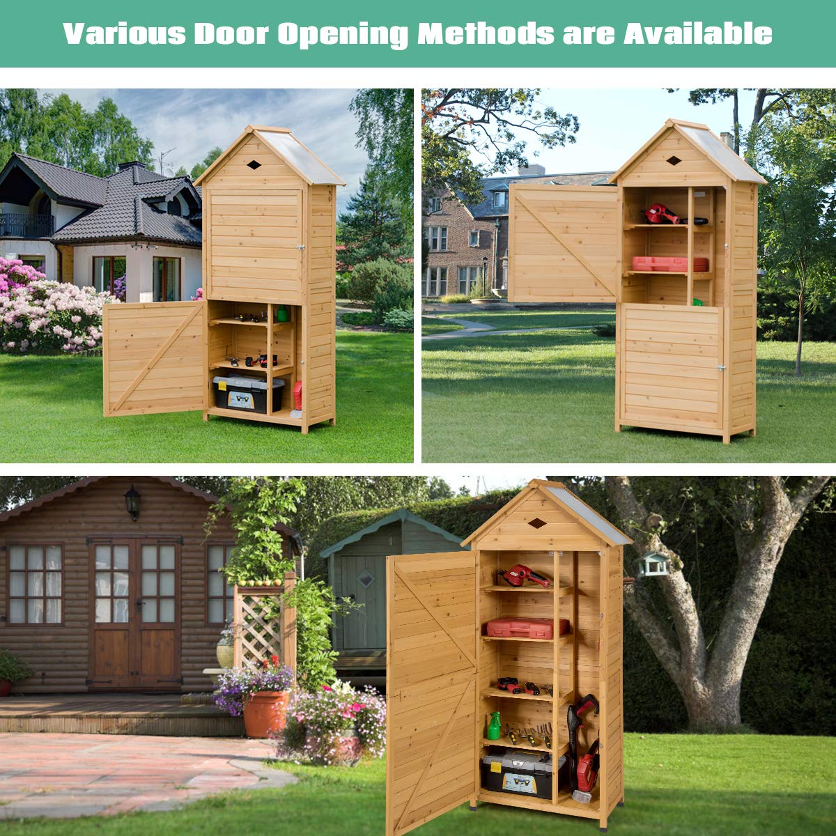 GIANTEX Cassetta Attrezzi 80 x 45 x 177 cm, Armadio da Esterno Portastrumenti a 5 Ripiani Box Casetta Ripostiglio Porta Attrezzi da Giardino in Legno Massello di Abete