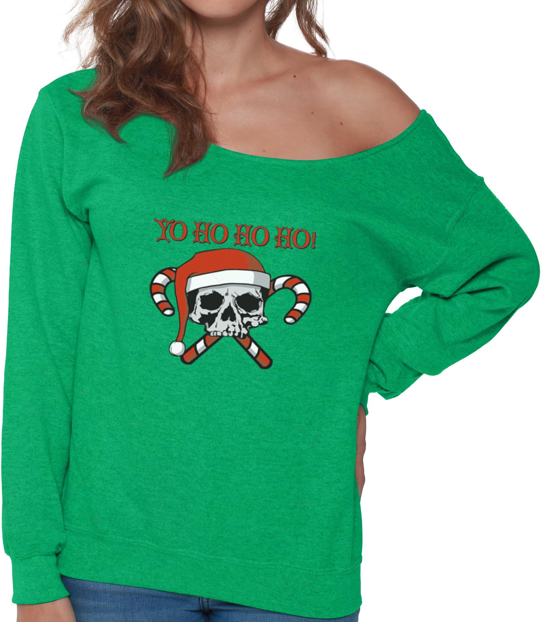 Pekatees Yo Ho Ho Ho Sweatshirt Skull Santa Sweater Off Shoulder Christmas Sweatshirt Ugly Christmas Sweater Santa Skull Tops