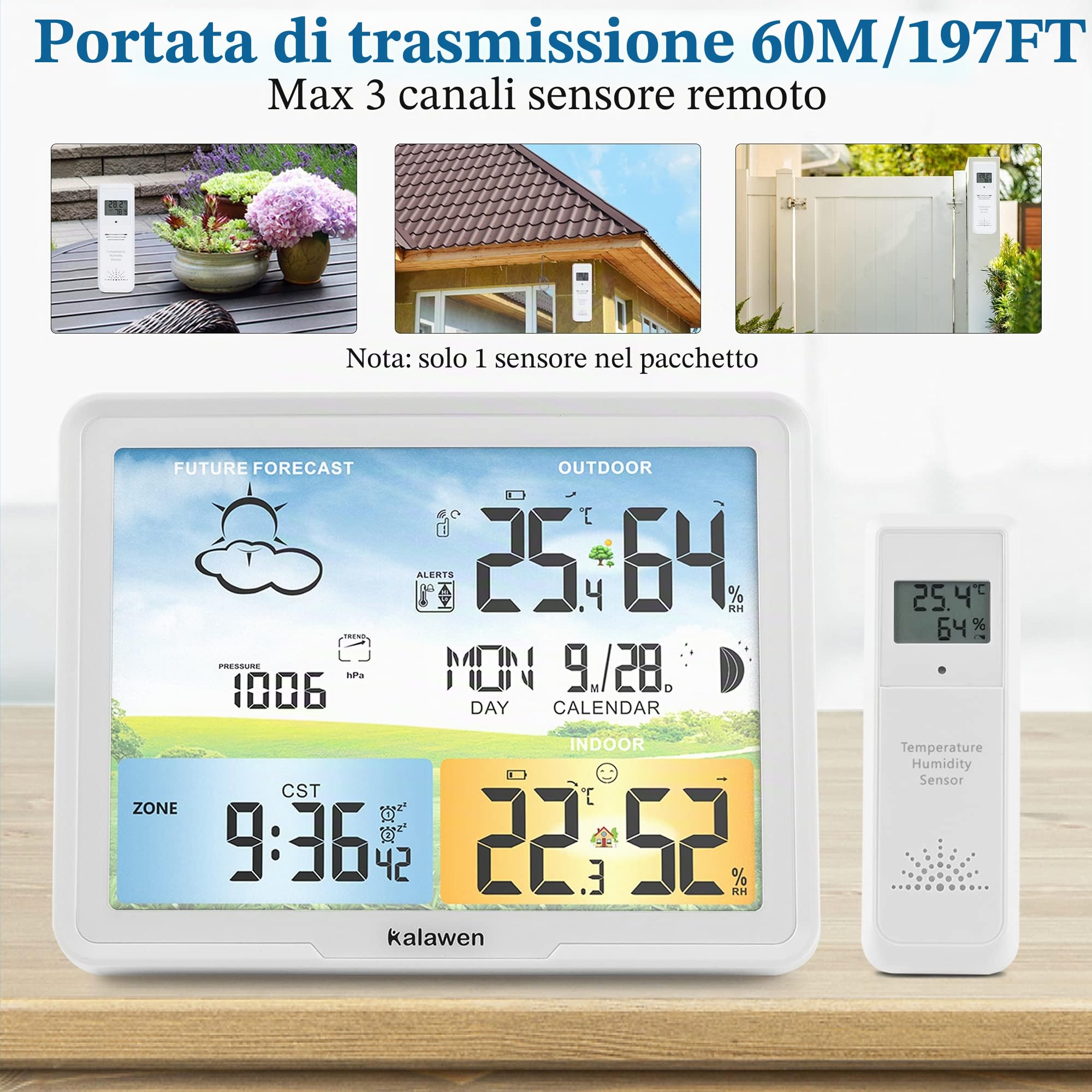 Stazione meteo radio Kalawen con sensore esterno, display digitale a colori, orologio radio DCF per uso interno ed esterno, termometro, igrometro, previsioni meteo, barometro e fasi lunari (bianco)