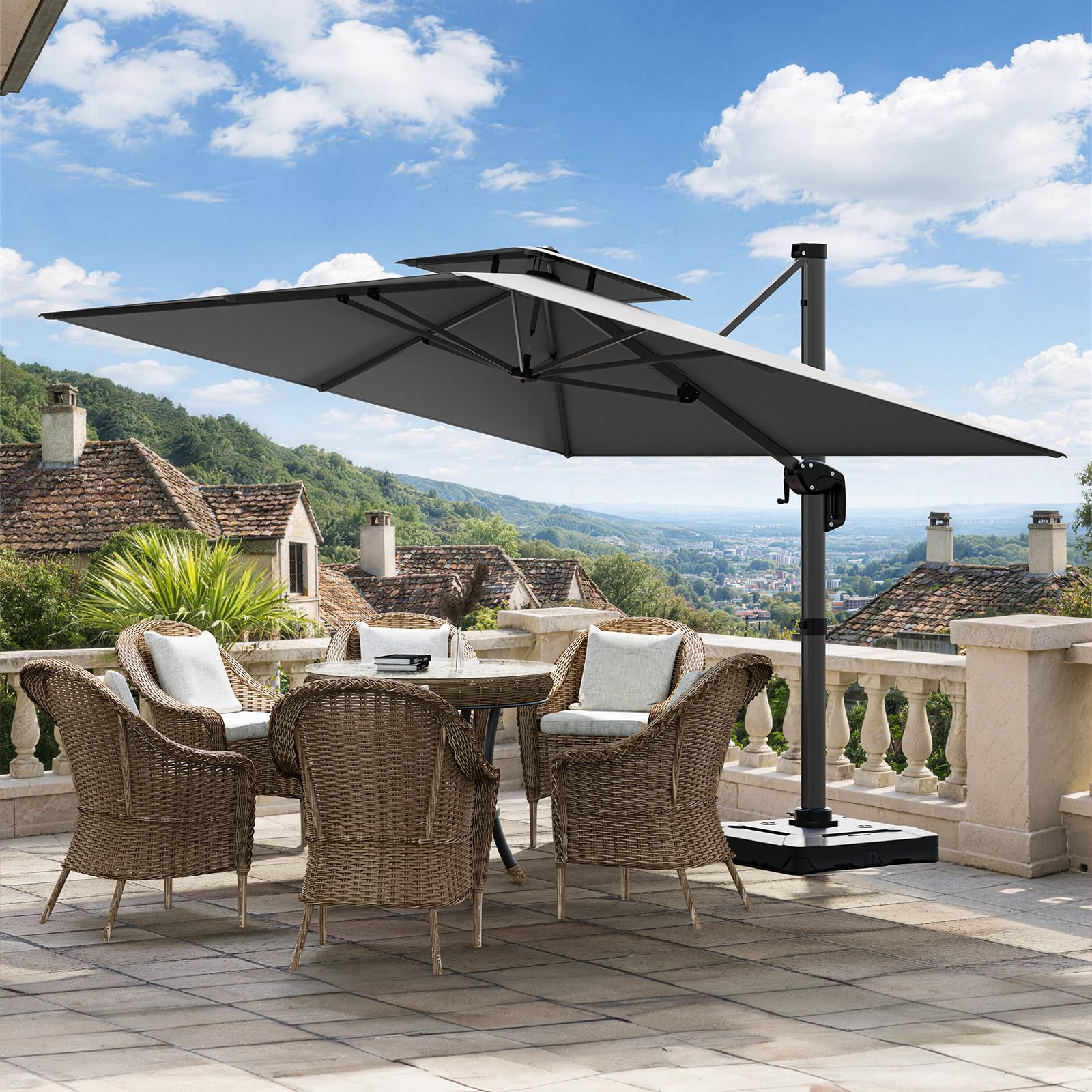 UDPATIO Sonnenschirm 400 x 300 cm Rechteckig mit Ständer, Ampelschirm Groß Aluminium, Marktschirm - Doppeldach, Gartenschirm 360° mit Kurbel, Balkonschirm, Sonnenschutz UV50+, (Grau Wasserdicht)