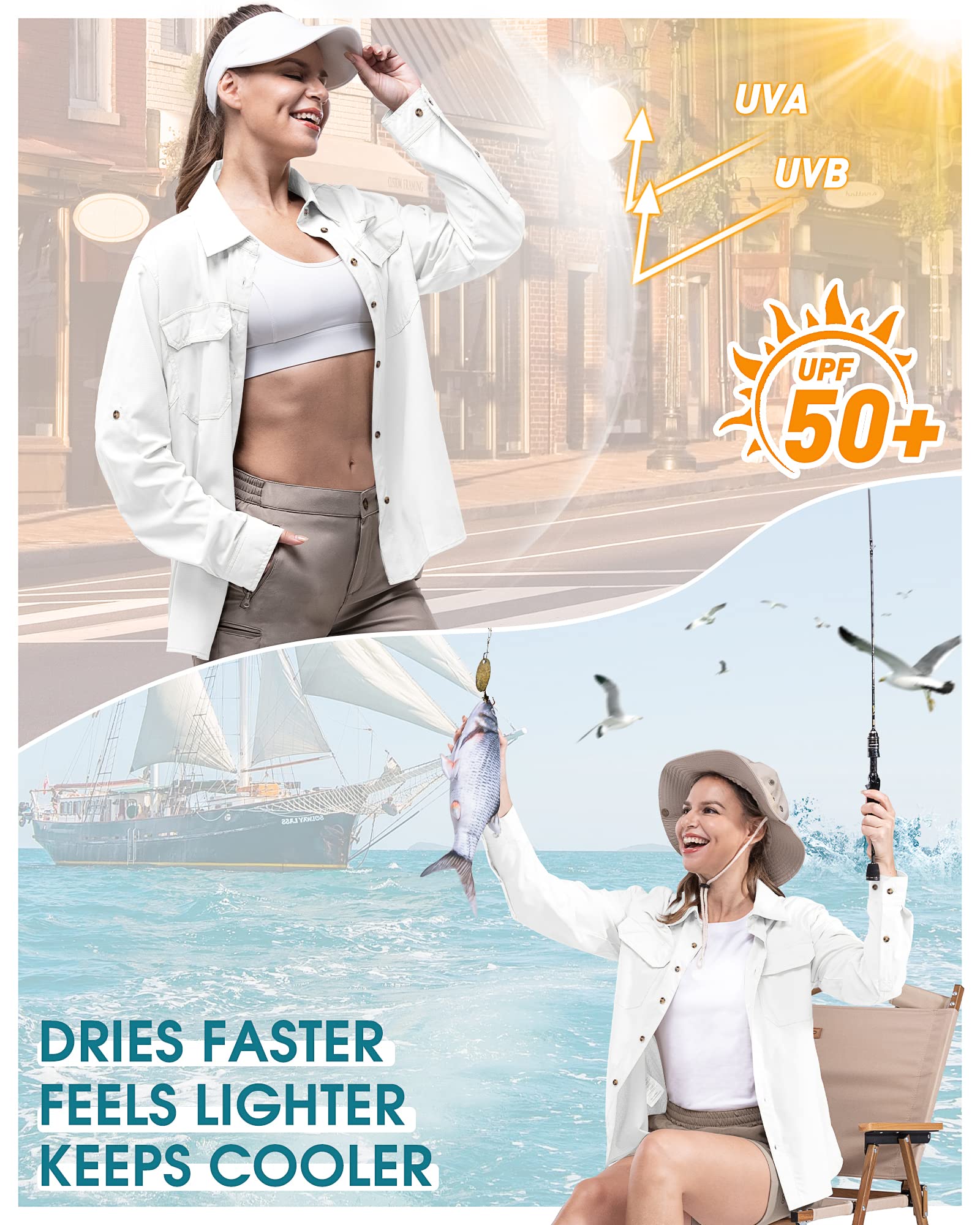 Camicia da trekking da donna da 10 m, protezione UV UPF50+, ad asciugatura rapida, casual, a maniche lunghe, per pesca, passeggiate, safari, viaggi, golf