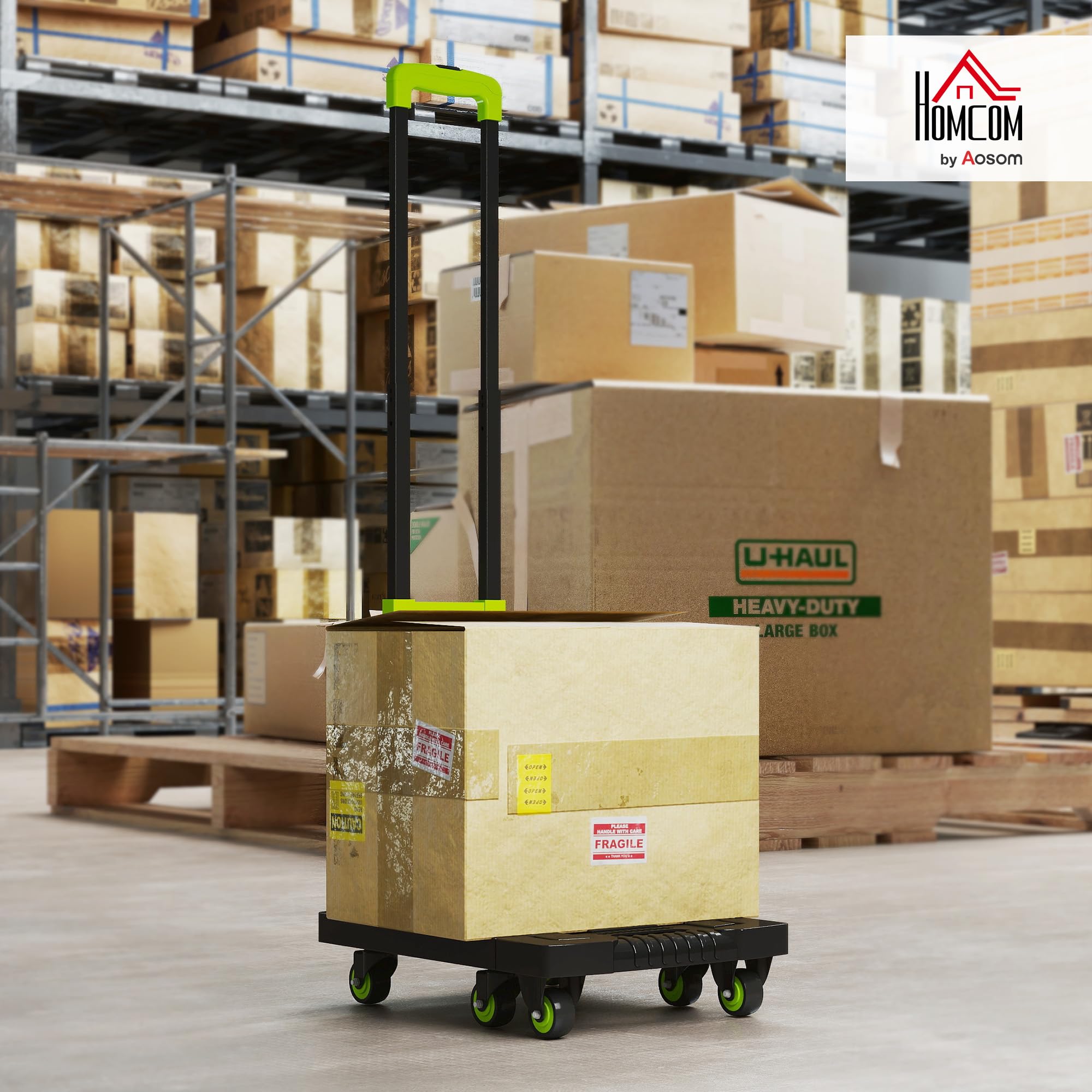 HOMCOM Carrello pieghevole in metallo con ruote, manico regolabile max. 200 kg 102 cm carrello di trasporto con corda di tensione, carrello impilabile per trasloco, officina, magazzino