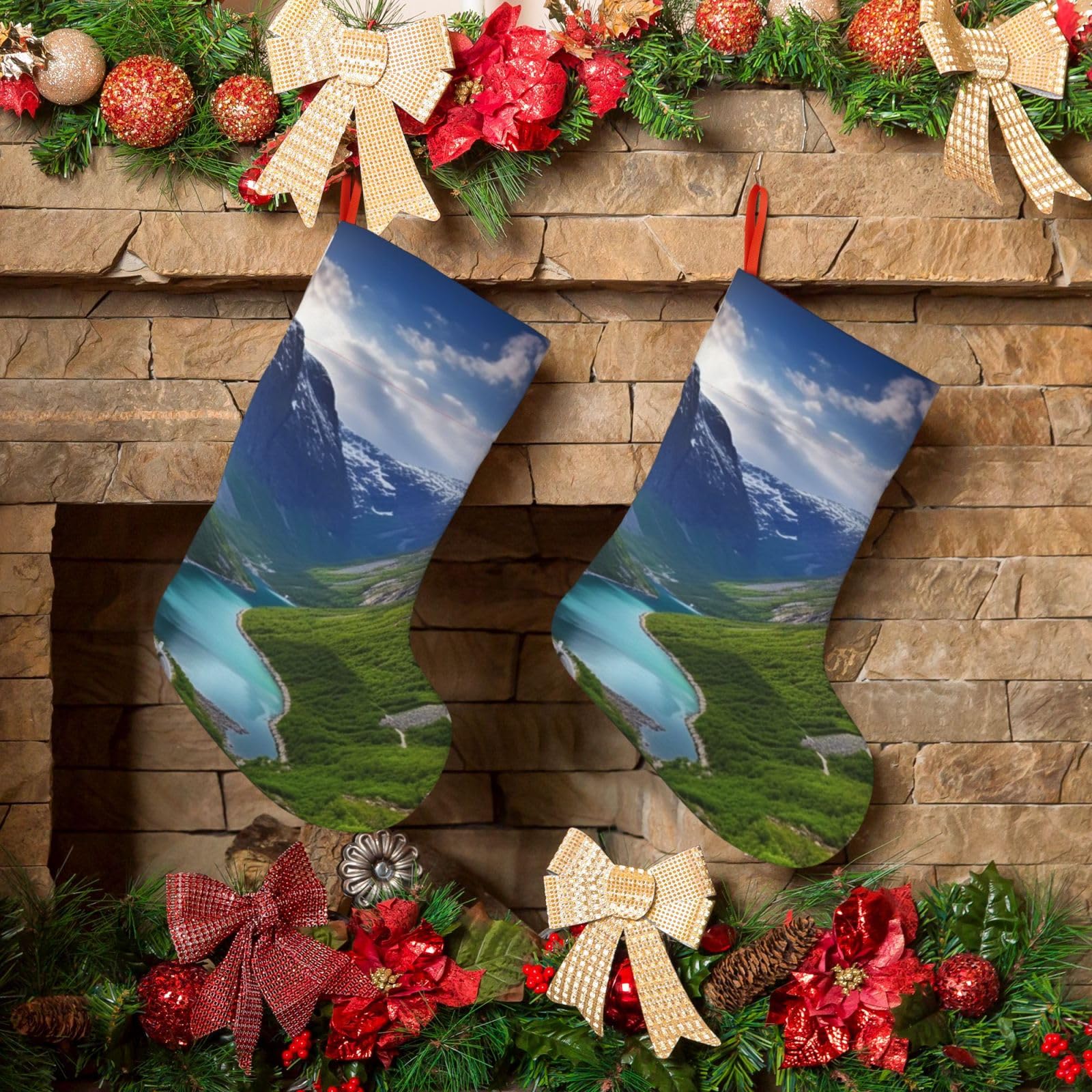 KLOPH Christmas Stockings 18" Personalized Xmas Stocking Norwegian Fjords Decoration Stocking Hanging Fireplace Stocking for Holiday Xmas Tree Christmas Fireplace Decor