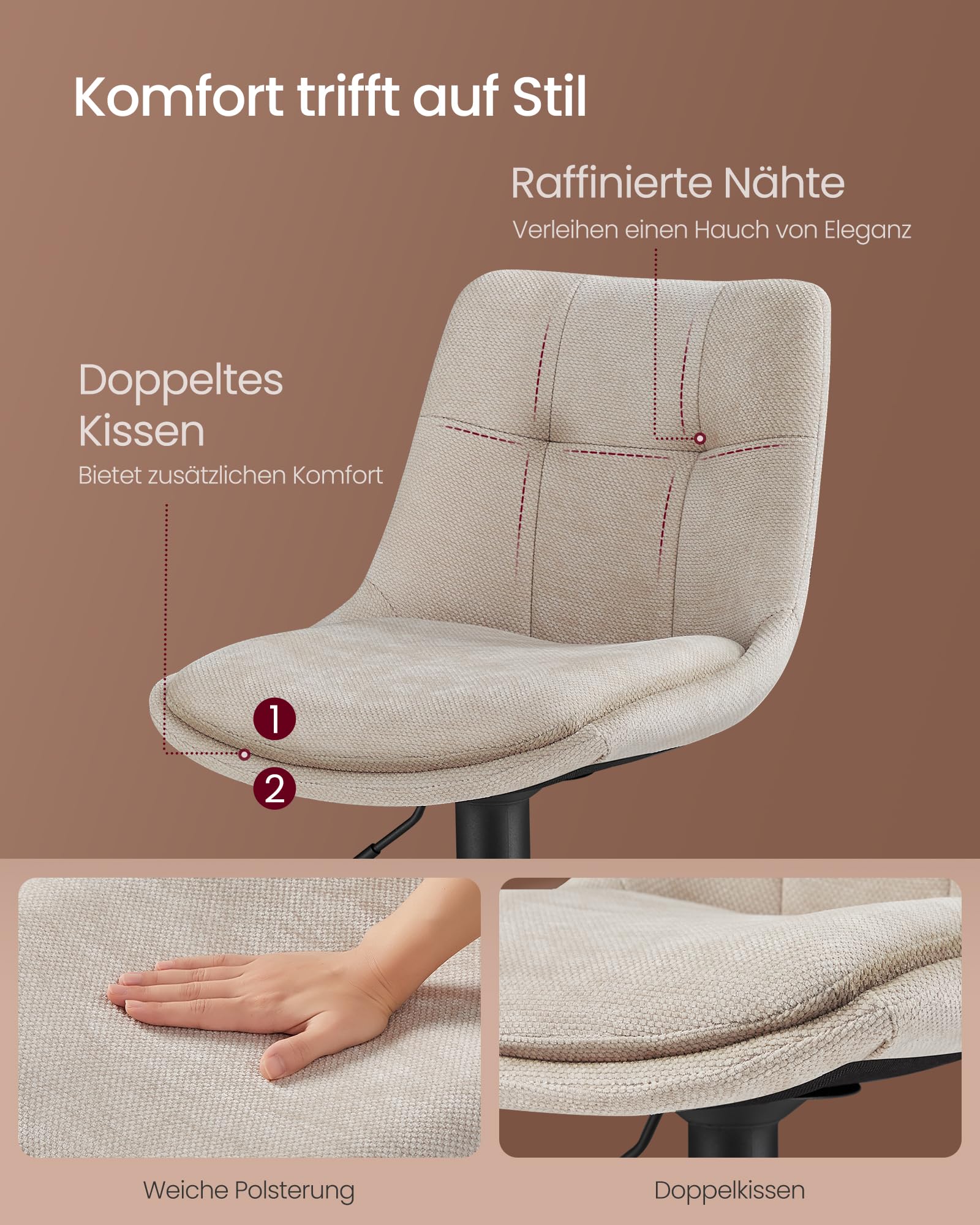 VASAGLE Barhocker 2er Set, Barstühle höhenverstellbar, drehbare Küchenhocker, mit Rückenlehne und Fußstütze, Esszimmer, Theke, Stahl, cremeweiß LJB195W02