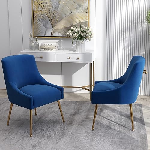Miniatura 8 de Juego de 2 sillas de comedor, modernas sillas de comedor de terciopelo con patas doradas, sillas decorativas tapizadas para sala de estar, Azul