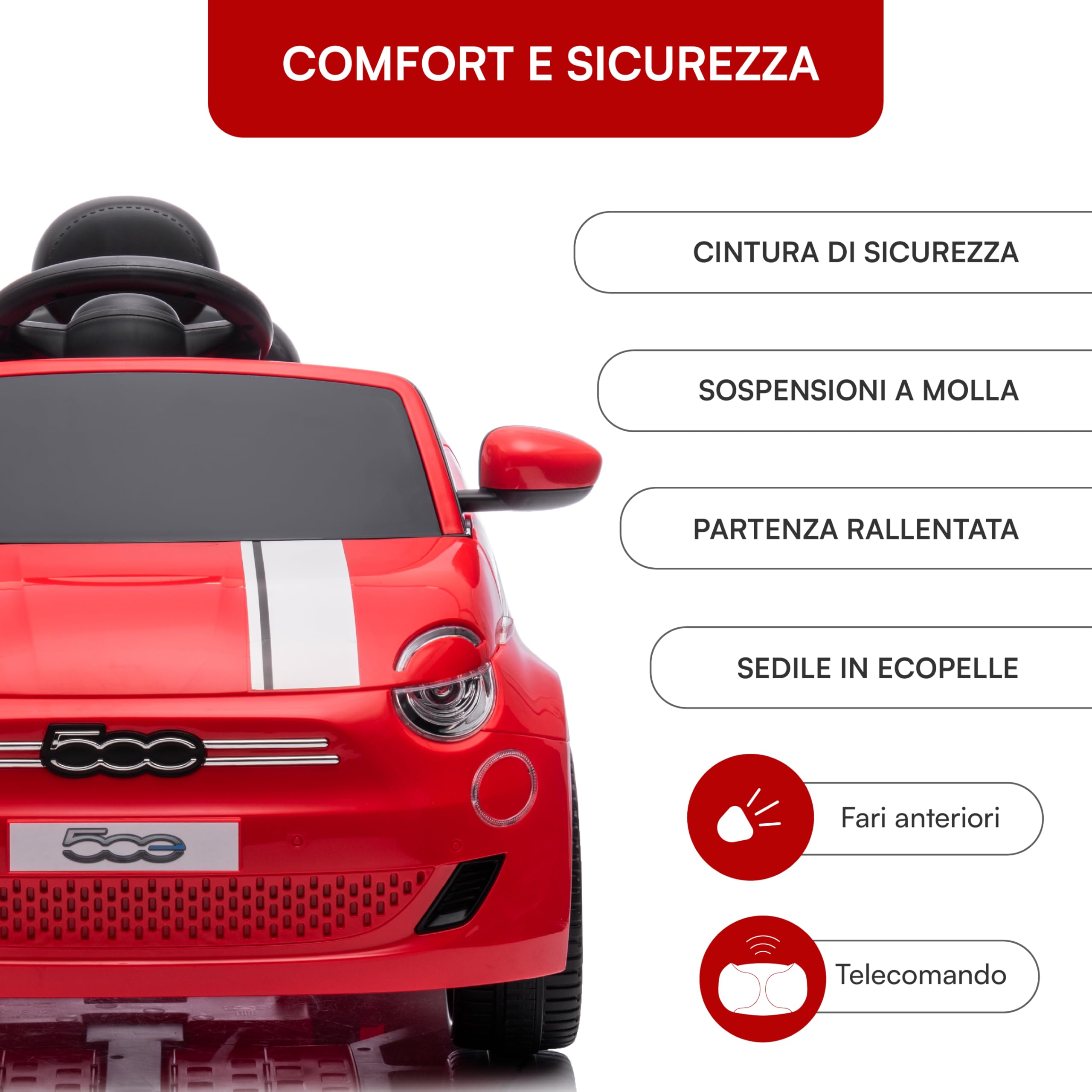 Baroni Toys FIAT 500 Baby Car Elettrica 12V con Telecomando Genitori, Luci, Suoni, Retromarcia, Cintura di Sicurezza – Auto per Bambini 1-4 Anni, Rossa