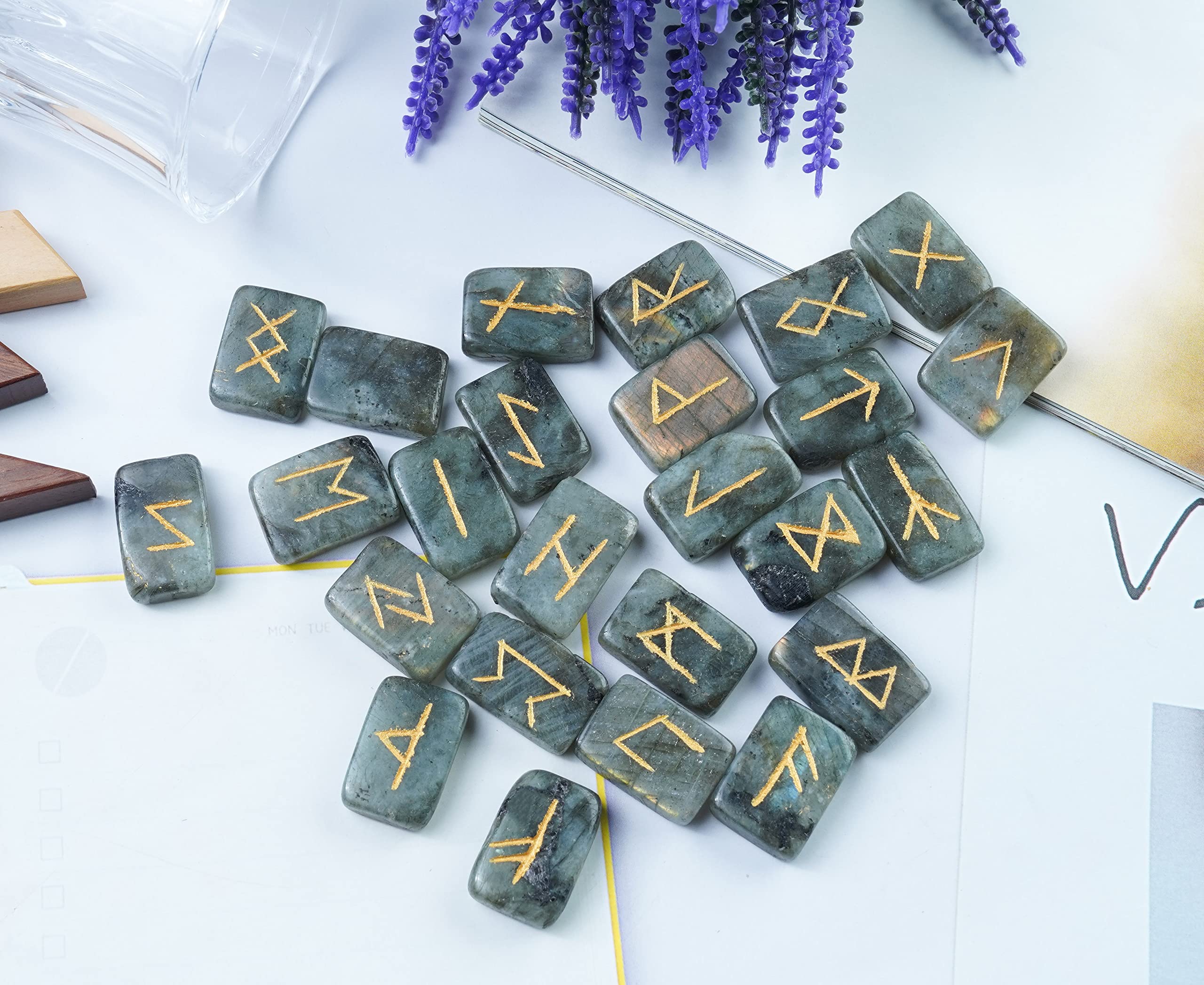 Labradorite Rune Stones Set - 25pc Elder Futhark Engraved Gemstones ...