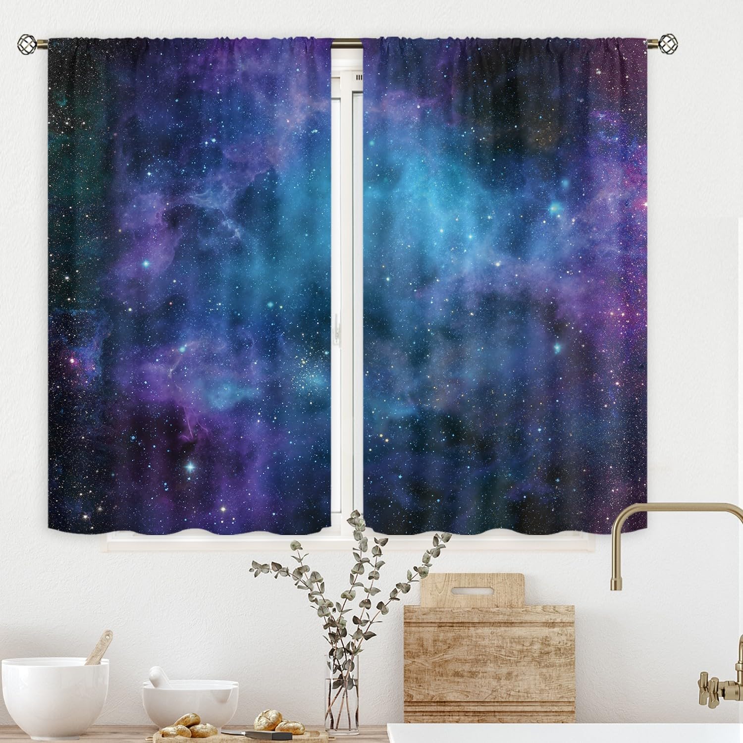 Cinbloo Kids Galaxy Outer Space Nebula Curtains 42W x 63L Inch Rod Pocket Blue Universe Planets Boys Girls Constellation Fantasy Starry Stars Trippy Bedroom Living Room Window Drapes Fabric 2 Panels