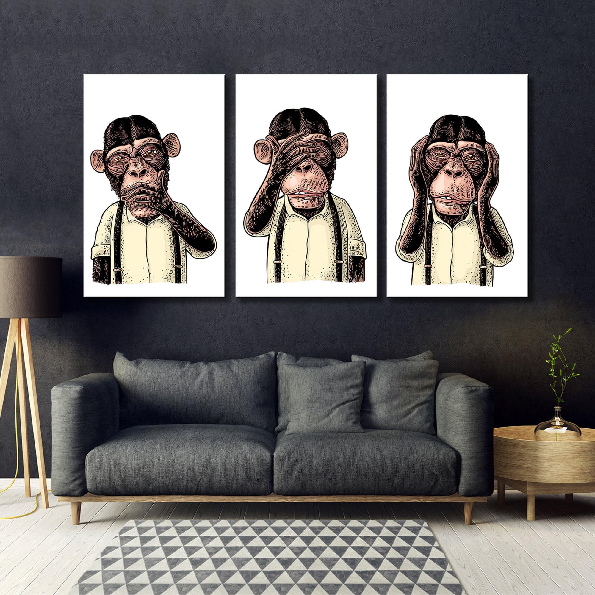 CAOXTART Three Wise Monkeys Canvas Print: Funny Animals Wall Art, Set of 3 Posters, Painting for Living Room, Home Wall Decor(80x120cmx3/Frameless)