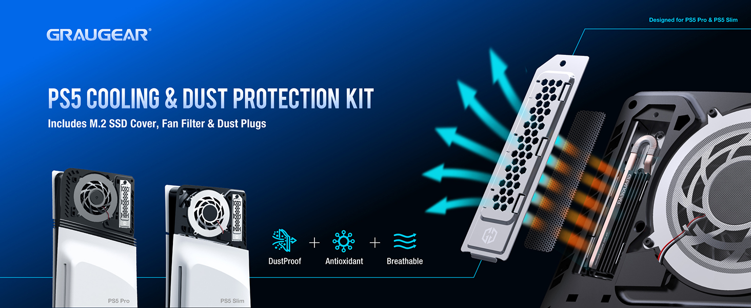 Image of GRAUGEAR Cooling & Dust Protection Upgrade for PS5 Pro /PS5 Slim, PS5 Pro /Slim M.2 SSD Heatsink Cover with Fan Dust Filter and Port Plugs, Prevent Overheating and Dust Buildup (PS5 Pro /PS5 Slim)