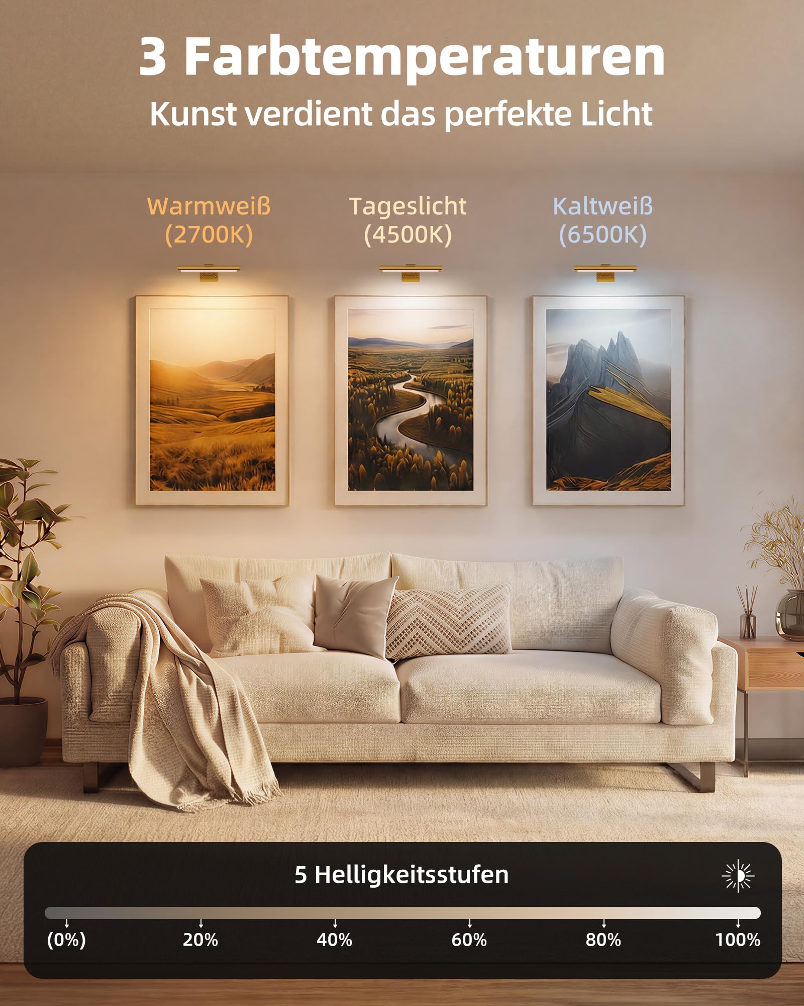 EZVALO Iluminación de Imagen Inalámbrica, Lámpara de Pared Inalámbrica para Interiores, Luces LED con Batería para Espejo de Baño, Cuadros, Pinturas y Fotos (2 Piezas, Oro)