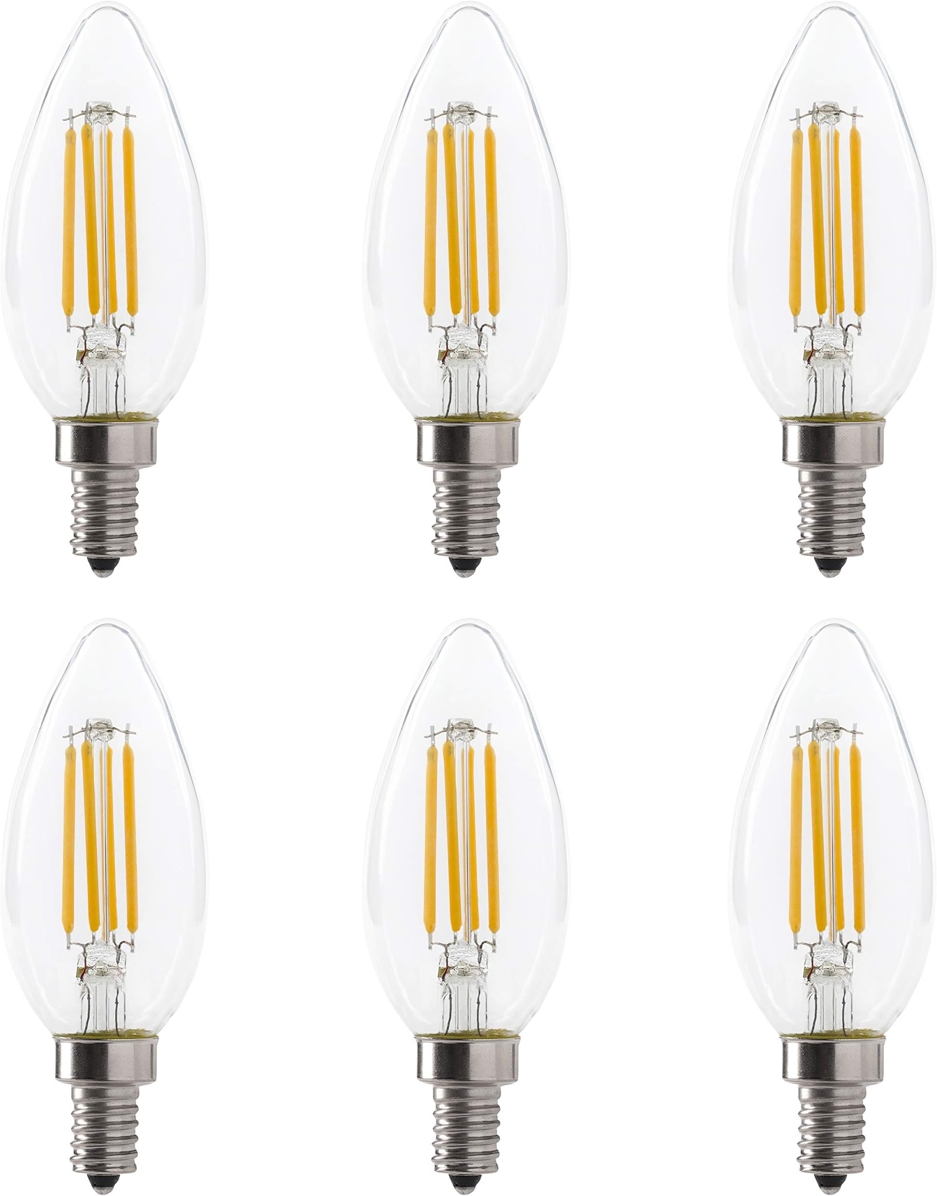 LED B10 4W Torpedo Filament Chandelier Light Bulb, 40W Equivalent, 330 Lumens, 2700K Soft White, Dimmable, 120V, E12 Candelabra Base, Energy Star, Clear (6 Pack)