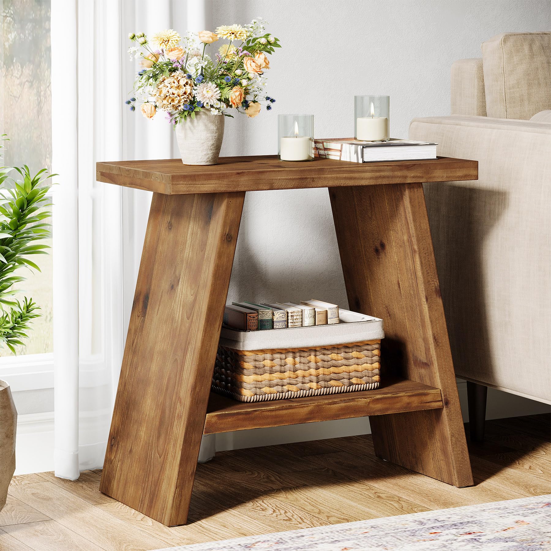 TRIBEWOOD Solid Wood Side Table Living Room, Farmhouse End Tables with 2-Tier Storage Shelf, Rustic Brown Narrow Bedside Nightstand for Small Places, 60x30x60cm