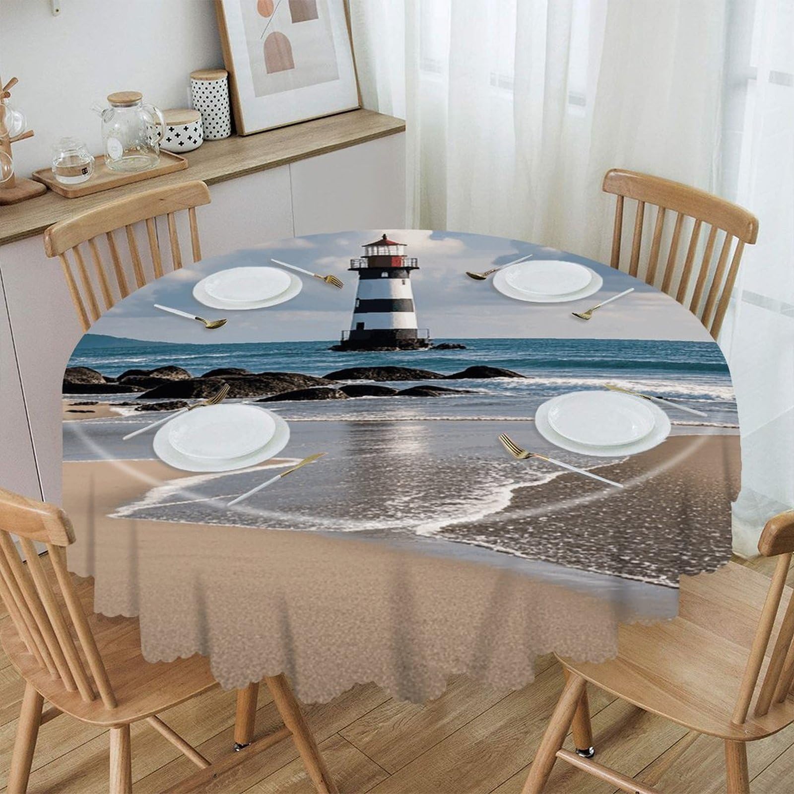 VstaDank Sea Lighthouse Sandbeach Round Tablecloth Wipeable Round Polyester Tablecloth Waterproof Wrinkle Free Indoor and Outdoor Table Cover 60 Inch Decorative Farmhouse Table Cloth for Dining