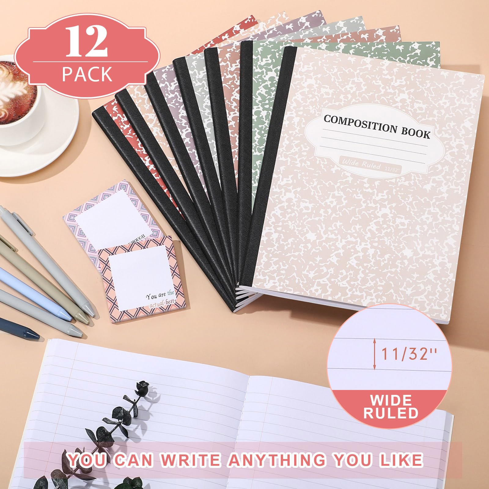 Colarr Paquete de 8 cuadernos de composición de 9.75 x 7.5 pulgadas de ancho con rayas de papel de mármol, varios colores divertidos, cuaderno de oficina y escuela, tapa dura, encuadernación cosida