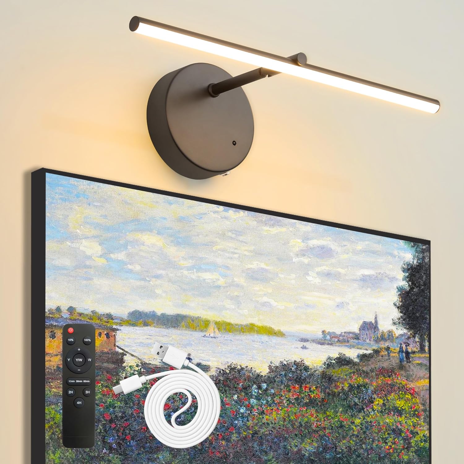 Battery Operated Picture Light with Wireless Remote & Timer Function, 3 CCT Dimmable Black Wall Art Lights, 16'' 8000mAh Rechargeable Gallery Light for Paintings, Canvas, Artwork, Frames