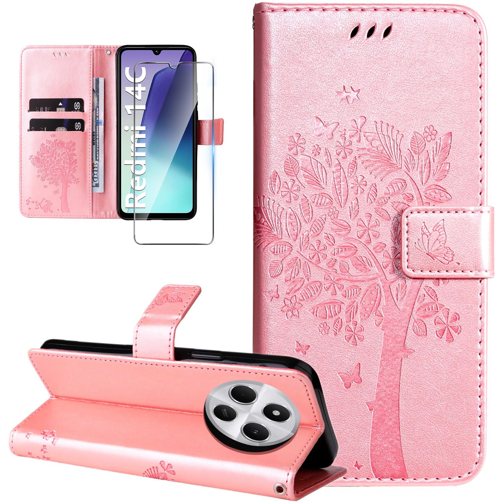 Handyhülle Für Xiaomi Redmi 14C - Leder Klapphülle Mit Kartenfach & Motiv, Rose Gold