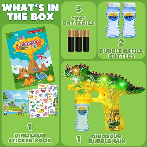 Miniatura 8 de Haktoys Jurassic - Disparador de pistola de burbujas con luz de dinosaurio (paquete de 2) luces, botellas de repuesto adicionales, sin sonido