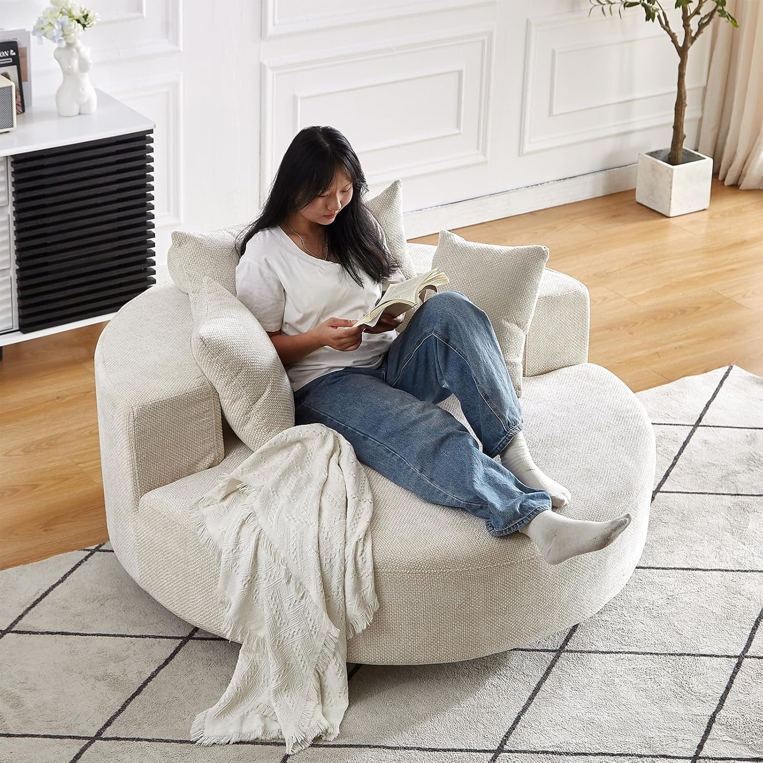 Oversized Round Swivel Chaise Longue Chair Indoor, Modern 55-inch 360 Degree Swivel Upholstered Chenille Deep Seat Circle Single Cloud Sofa Chair for Living Room, Bedroom Apartment, Office, Beige