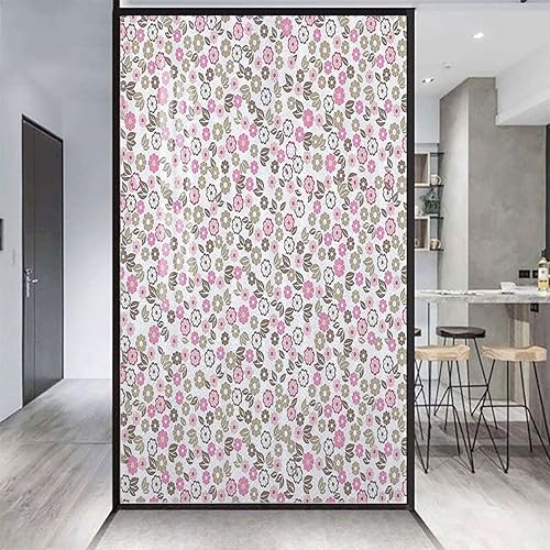 Película opaca para ventana de privacidad con diseño de flores silvestres, hierbas, manzanilla, color rosa, tostado, color blanco, sin adhesivo,