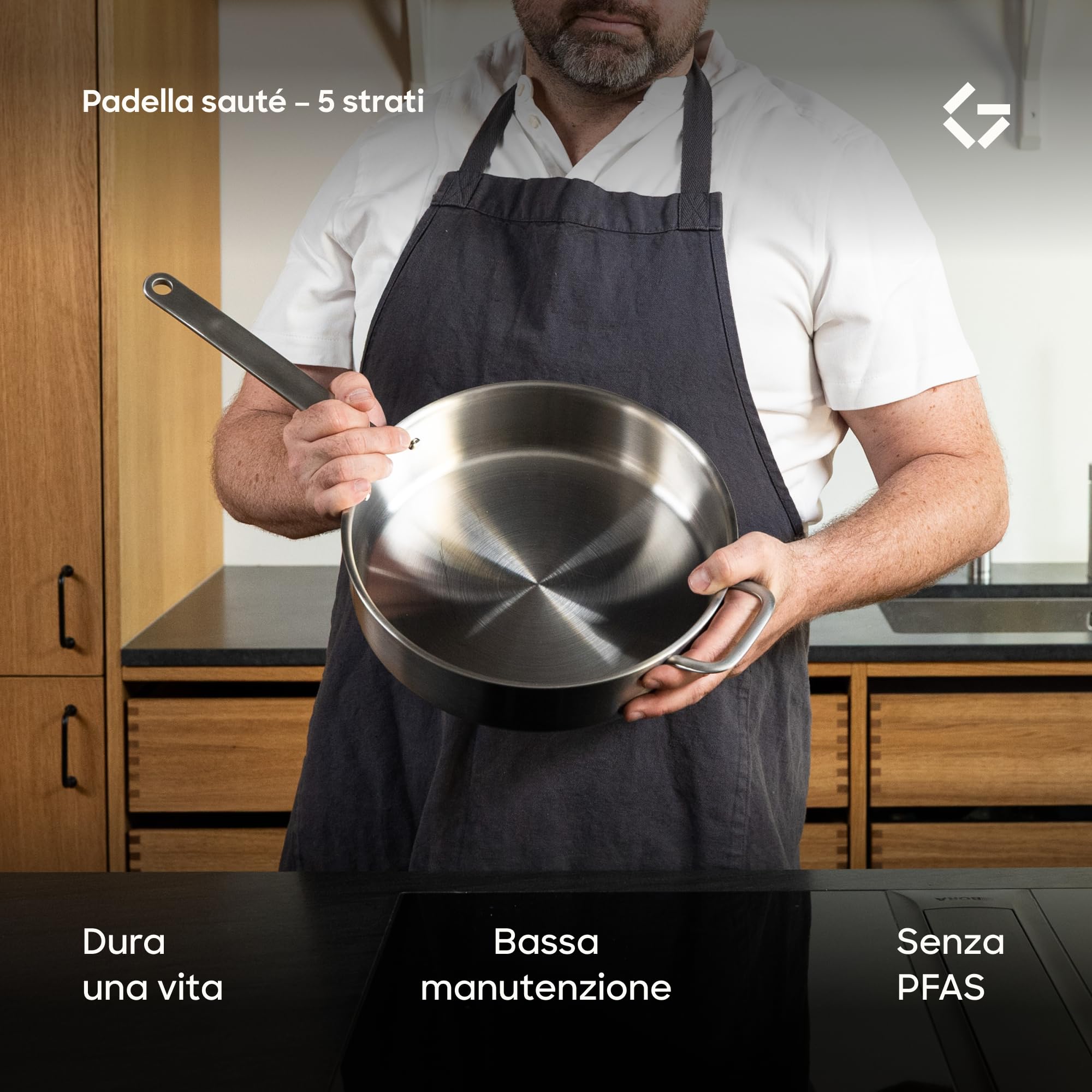 Gastrotools Padella Inox 28 cm 5-Ply con Coperchio Senza PFAS | Senza rivestimento | Manico CoolGrip | Padella da frittura & universale | Per induzione | Distribuzione uniforme del calore