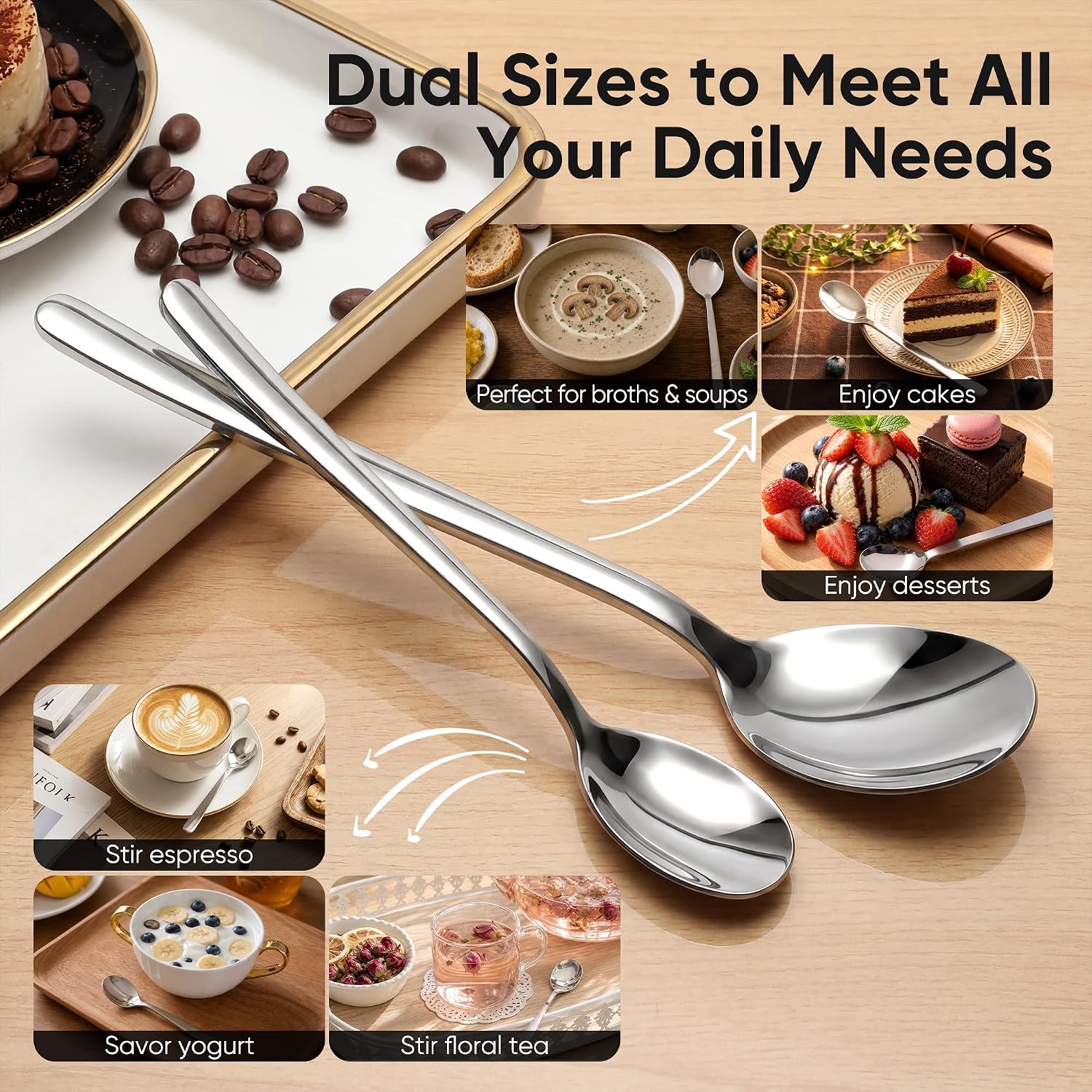 6-Piece small tea spoons, 4.7" and 6.7" Demitasse Espresso Spoons and dessert spoons, Stainless Steel coffee spoons silverware