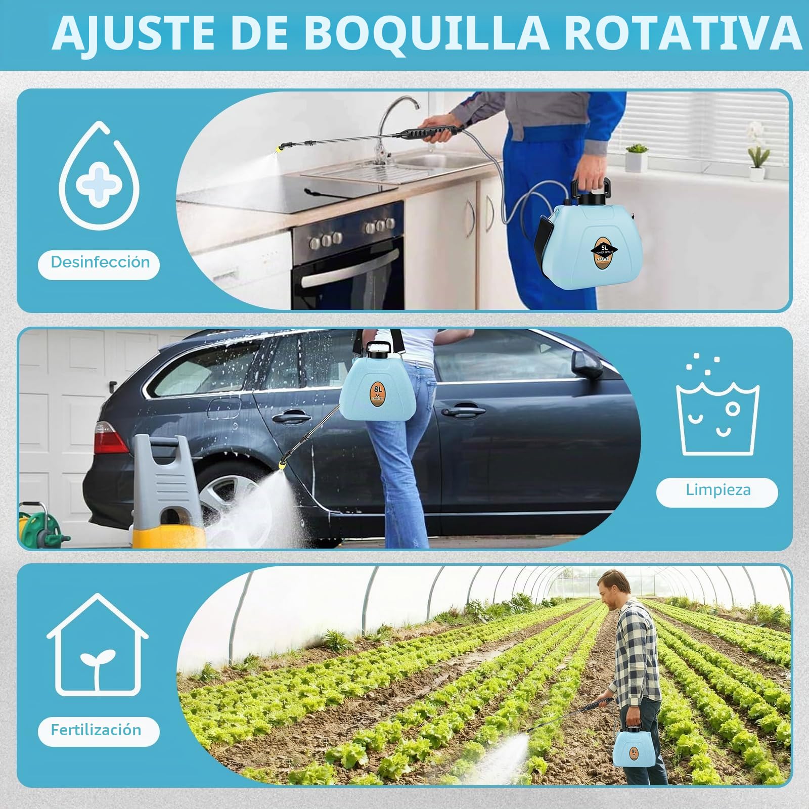 Nikou Pulverizador de Mochila a Presión, 8 litros Mochila Pulverizadora Eléctrico, con Correas de Hombro Ajustables para Horticultura, Silvicultura, Agricultura