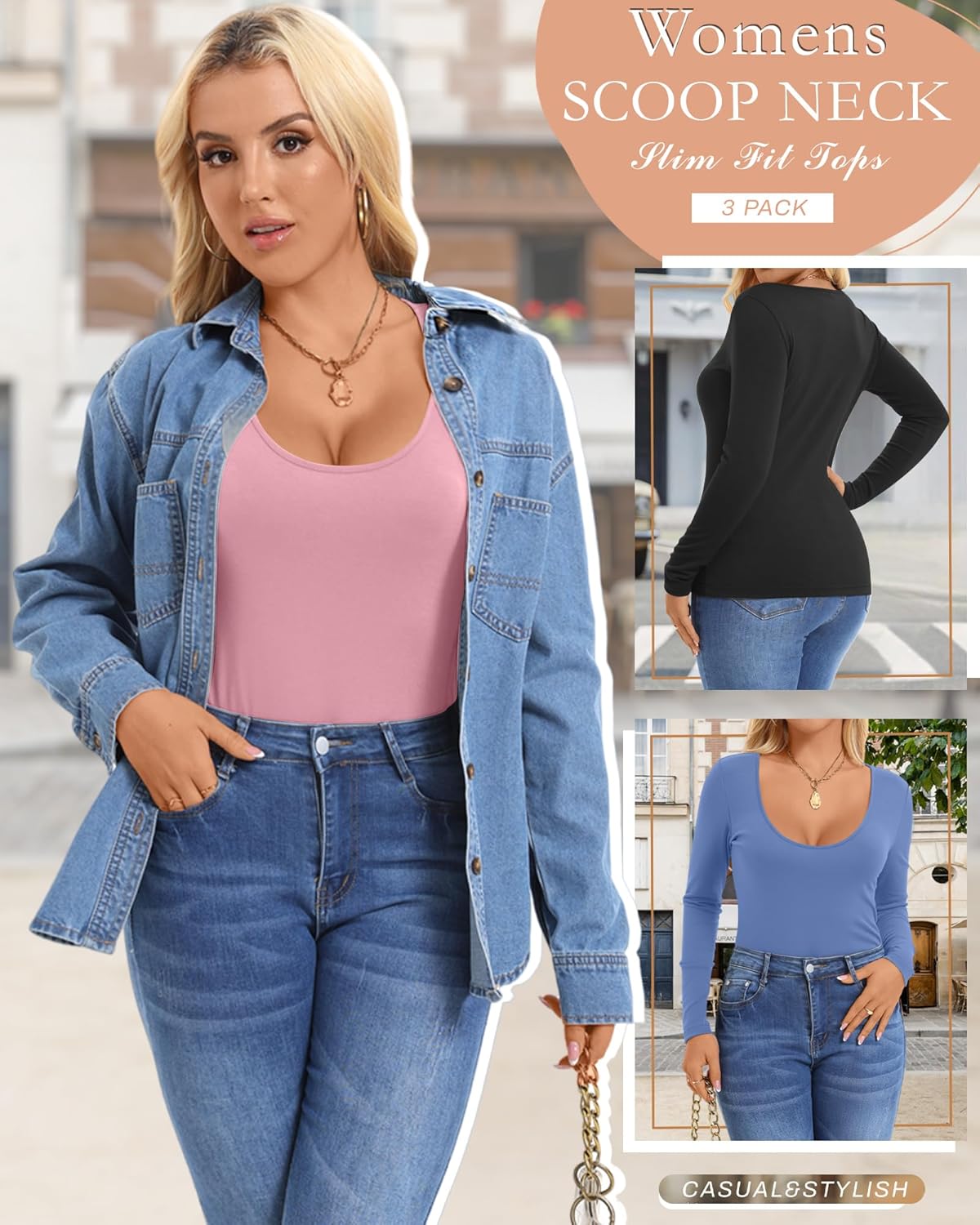 Riyiper 3 Pack Women's Scoop Neck Tops Long Sleeve Slim Fitted Shirts Casual Basic Tunic Fall Trendy Y2k Tight Tees - Image 5