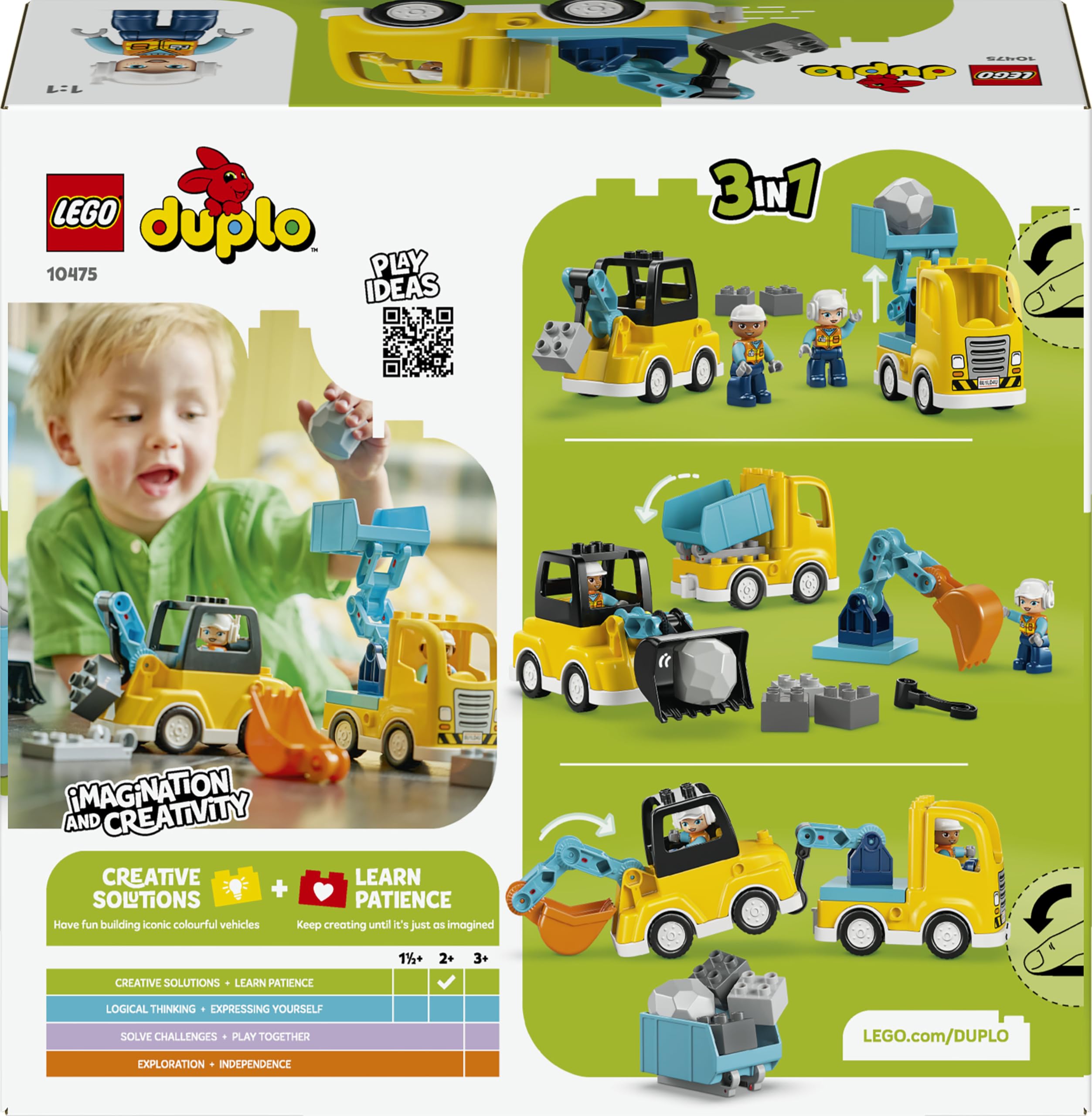 LEGO Duplo Vehículos de Construcción “3en1” - Juego Educativo Montessori con Camiones, Excavadoras y Vehículos de Construcción de Juguete - Regalo de Cumpleaños para Niños y Niñas de 2+ Años - 10475