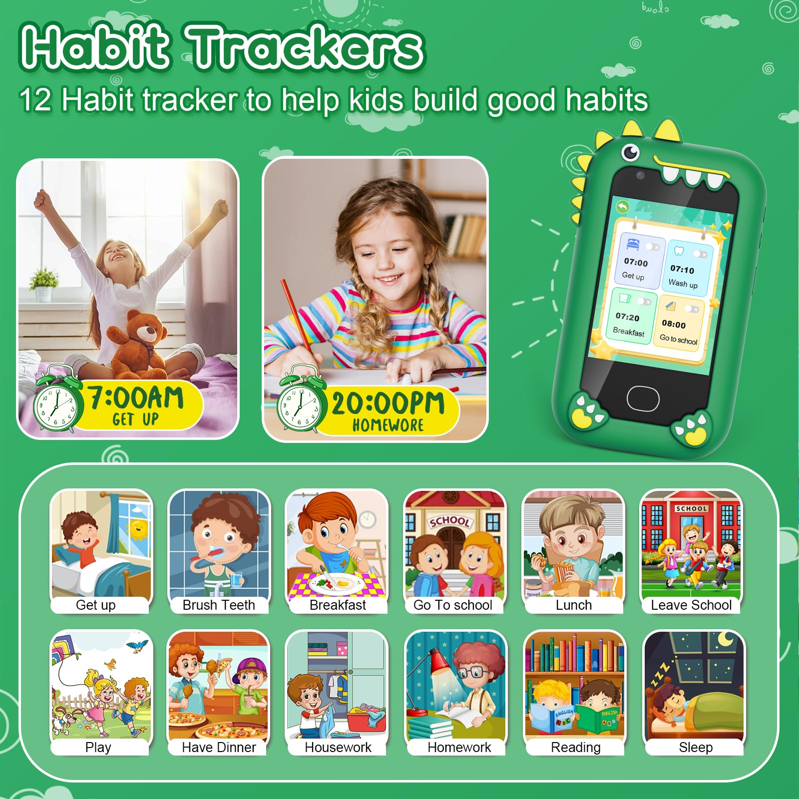 Teléfono inteligente para niños – Teléfonos para niños de 3 a 10 años, pantalla táctil HD de 2.8 pulgadas, cámara dual HD, regalo de cumpleaños de Navidad, juguete de dinosaurio, tarjeta SD de 8