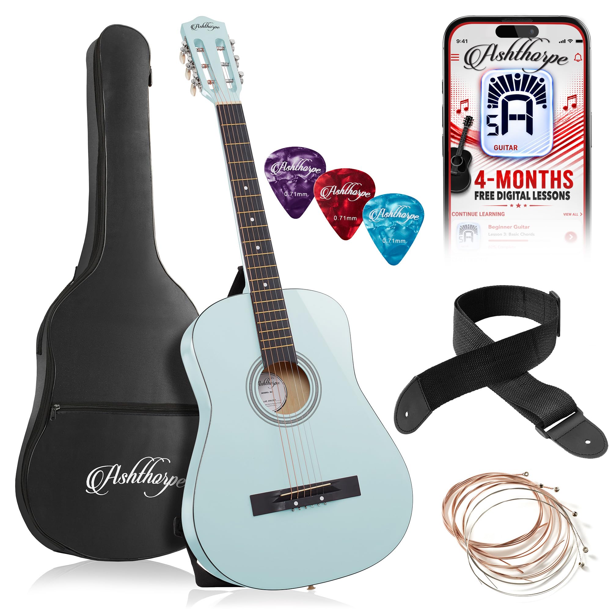 Ashthorpe 38-inch Beginner Acoustic Guitar (Light Blue), Starter Kit with Gig Bag, Extra Strings, Strap, Picks, and Lessons