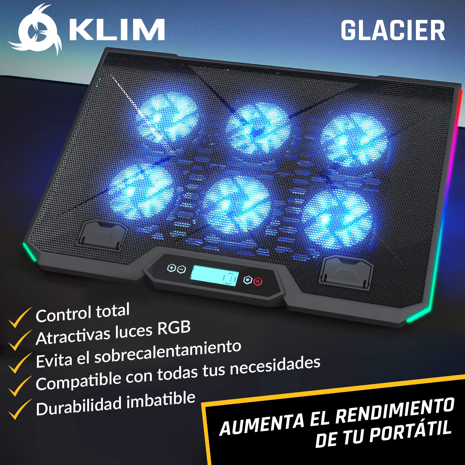 KLIM Glacier - Base refrigeradora portátil de 6 Ventiladores - Nuevo - Iluminación RGB - 11" a 17" - Refrigeración para portátil Gaming - USB - Estable y silenciosa - Compatible PC Mac PS4 Xbox