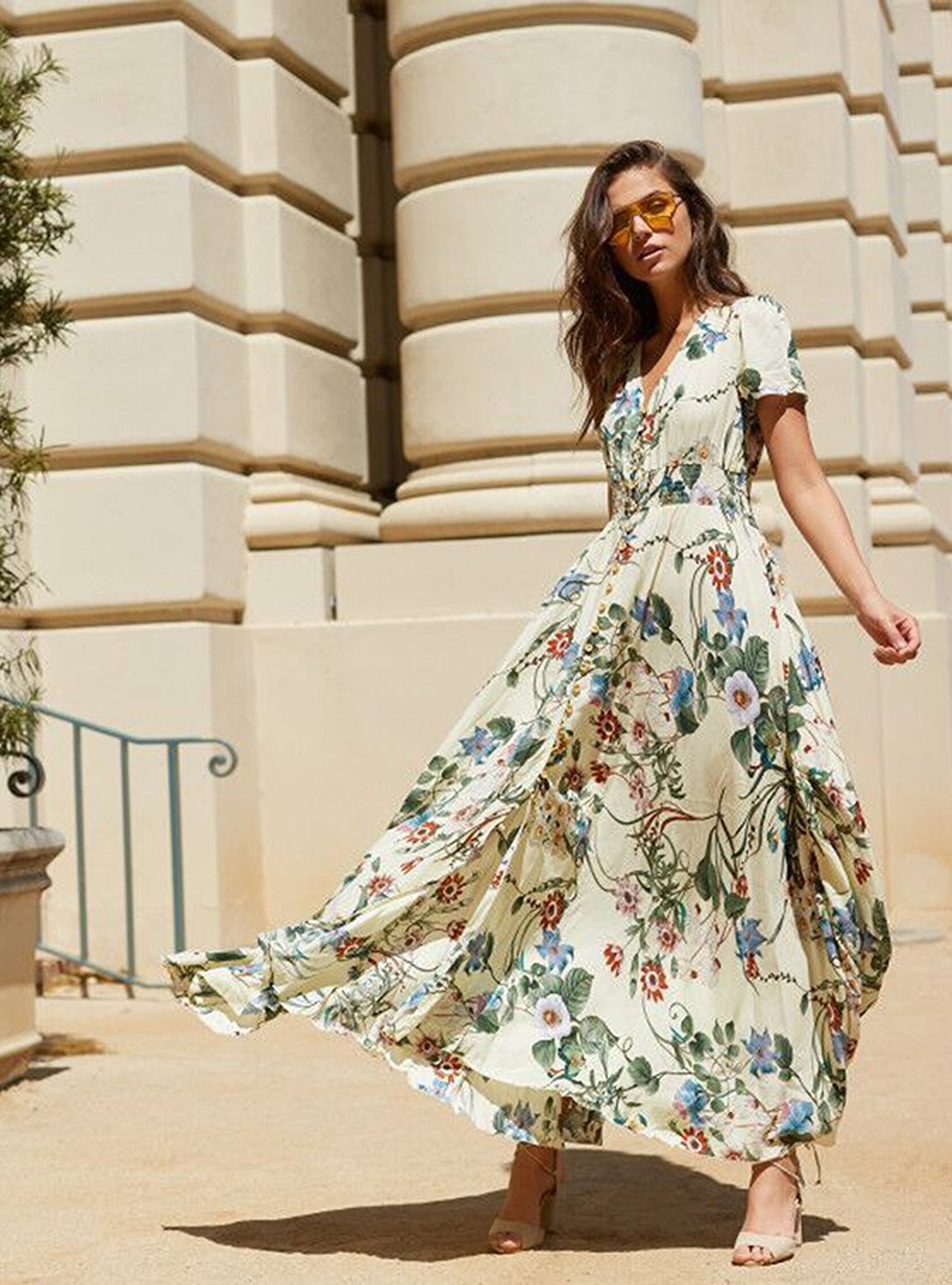 women's button up split floral print flowy party maxi dress Natalia Blue Floral Printed Strapless Maxi Dress - XL Size - Women's Dresses