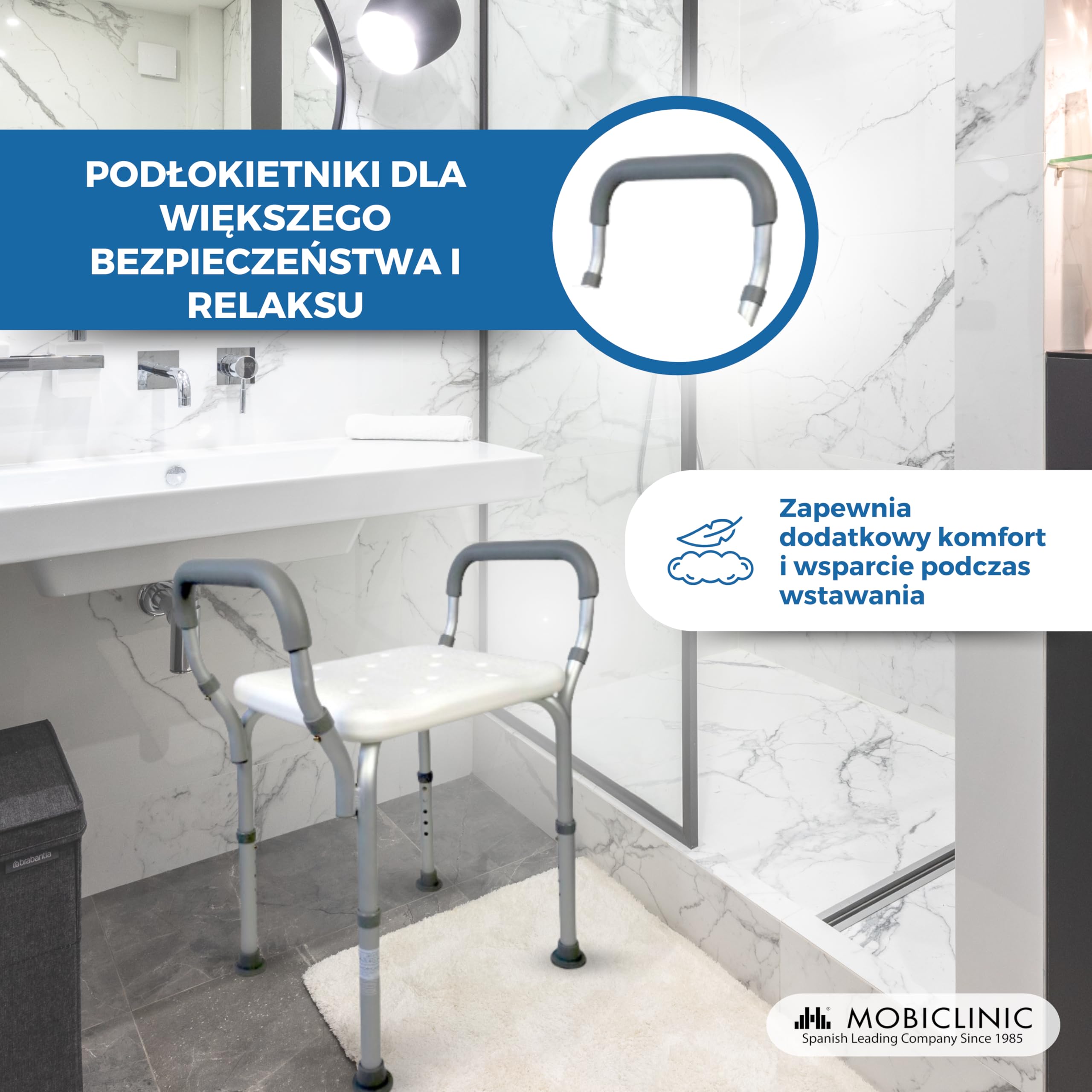 Mobiclinic stołek kąpielowy z regulacją wysokości, Wygodne wyściełane podłokietniki, Antypoślizgowe okucia, Model: acueducto
