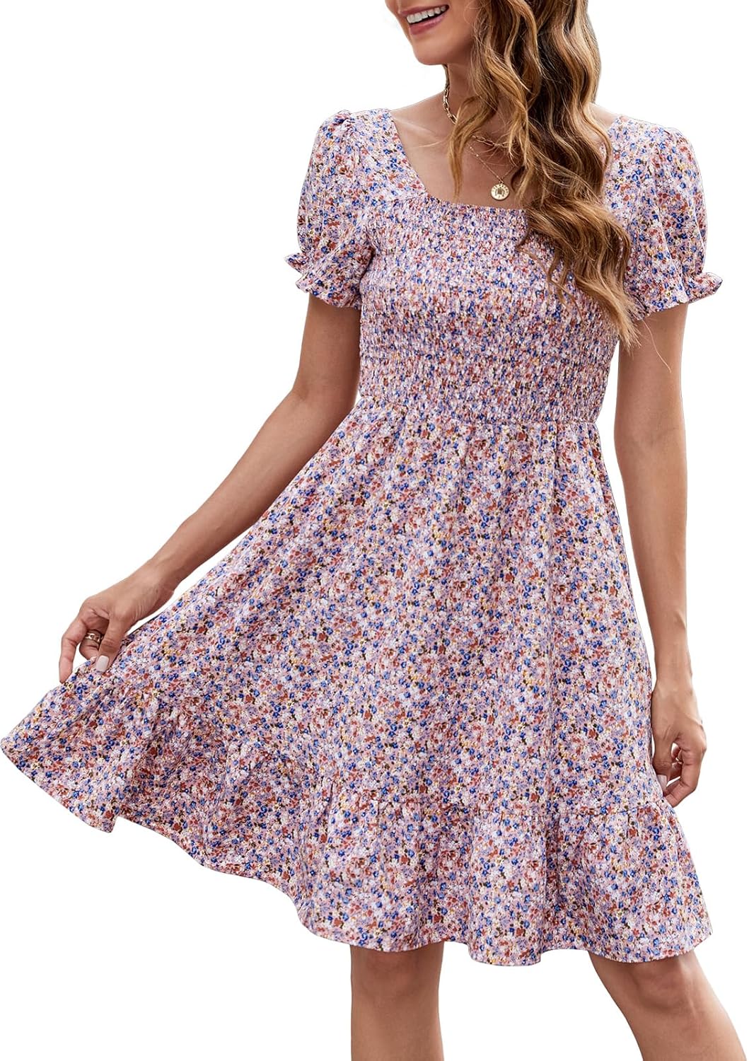 Lyrur Women’s Short Sleeve Summer Dresses 2025 Spring Casual Square Neck Easter Dress A-Line Tiered Sundress with Pockets