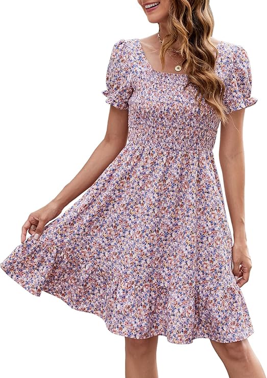 Lyrur Women&#39;s Short Sleeve Summer Dresses 2025 Spring Casual Square Neck Easter Dress A-Line Tiered Sundress with Pockets