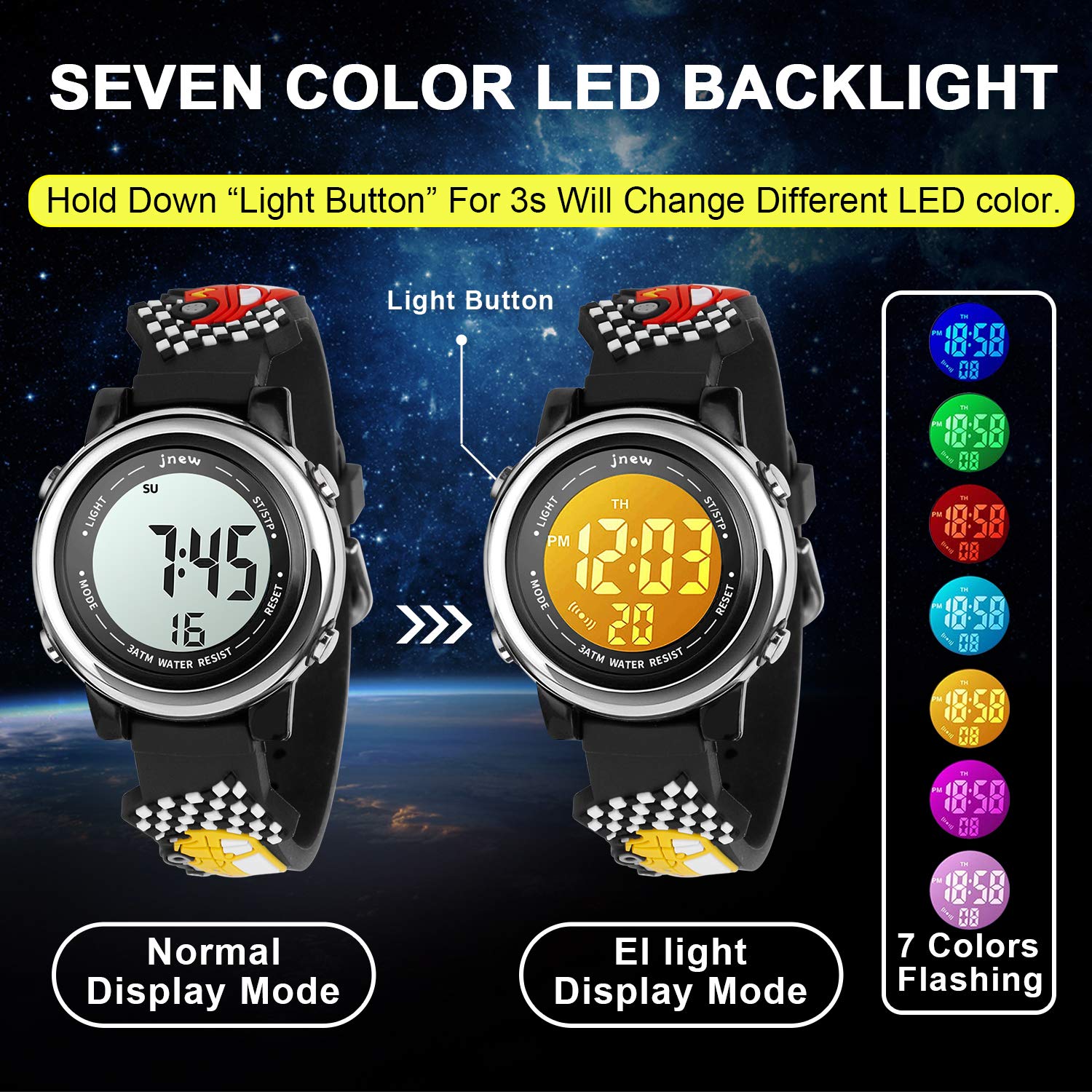 VILIYSUN Kids Watch 3D Cartoon Toddler Wrist Digital Watch Waterproof 7 Color Lights with Alarm Stopwatch for 3-10 Year Boys Girls Little Child (Car Black)